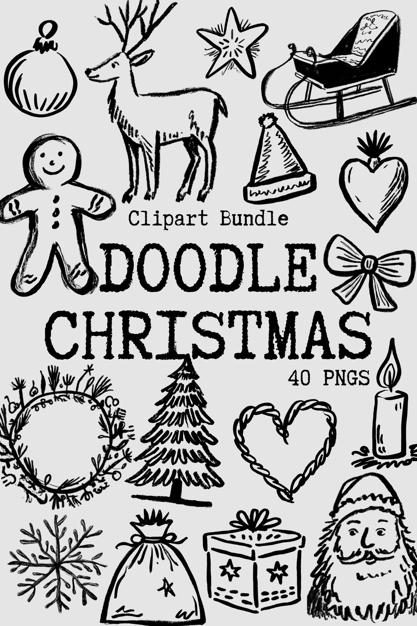 Whimsical Christmas Clipart Bundle, Handdrawn Doodle Design Elements
