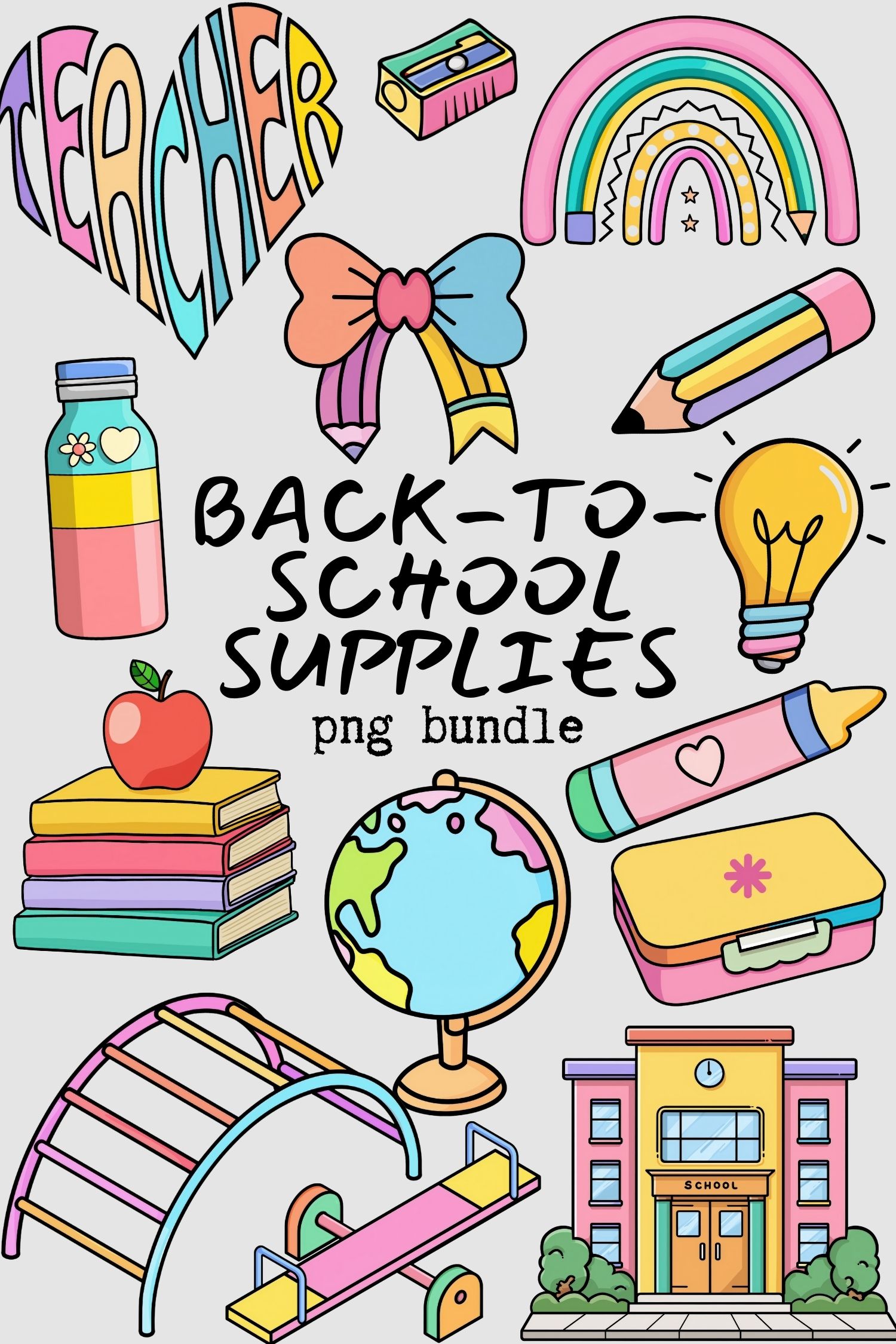 Colorful Back-to-School Supplies Clipart Bundle