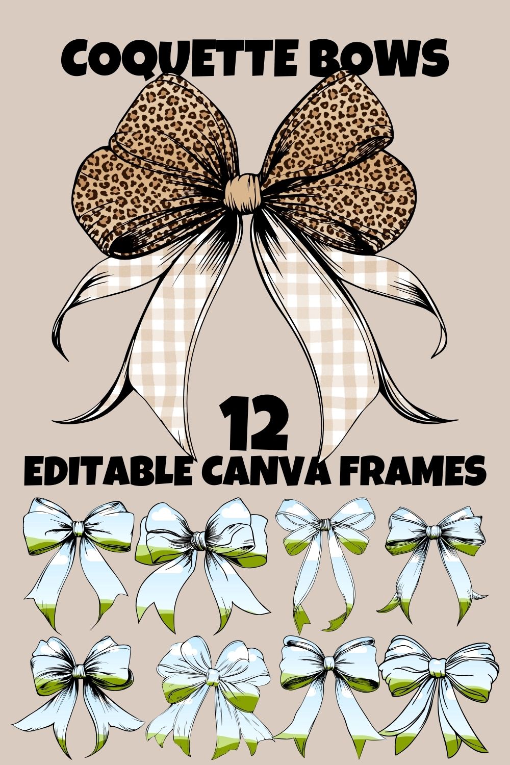 12 Coquette Bow Canva Frames with Layered Tails and Wings, Canva Frame Bundle, Customizable Coquette Bow, DIY Sports Team Bow, Girly Bow set