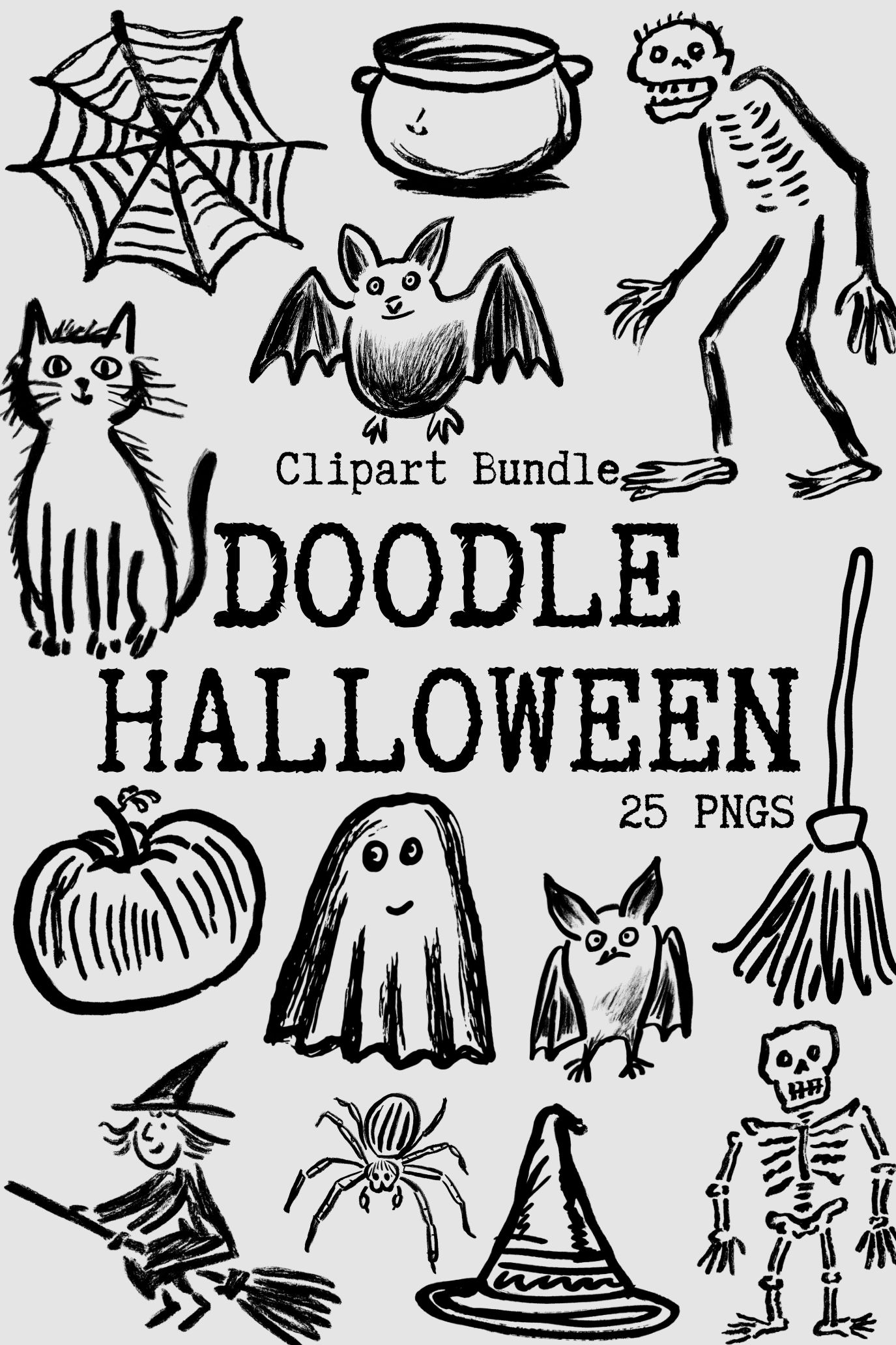 Doodle Halloween Clipart Bundle, Quirky Spooky Season Ghosts, Pumpkins, Witch Hats, Whimsical Design Elements (PNG)