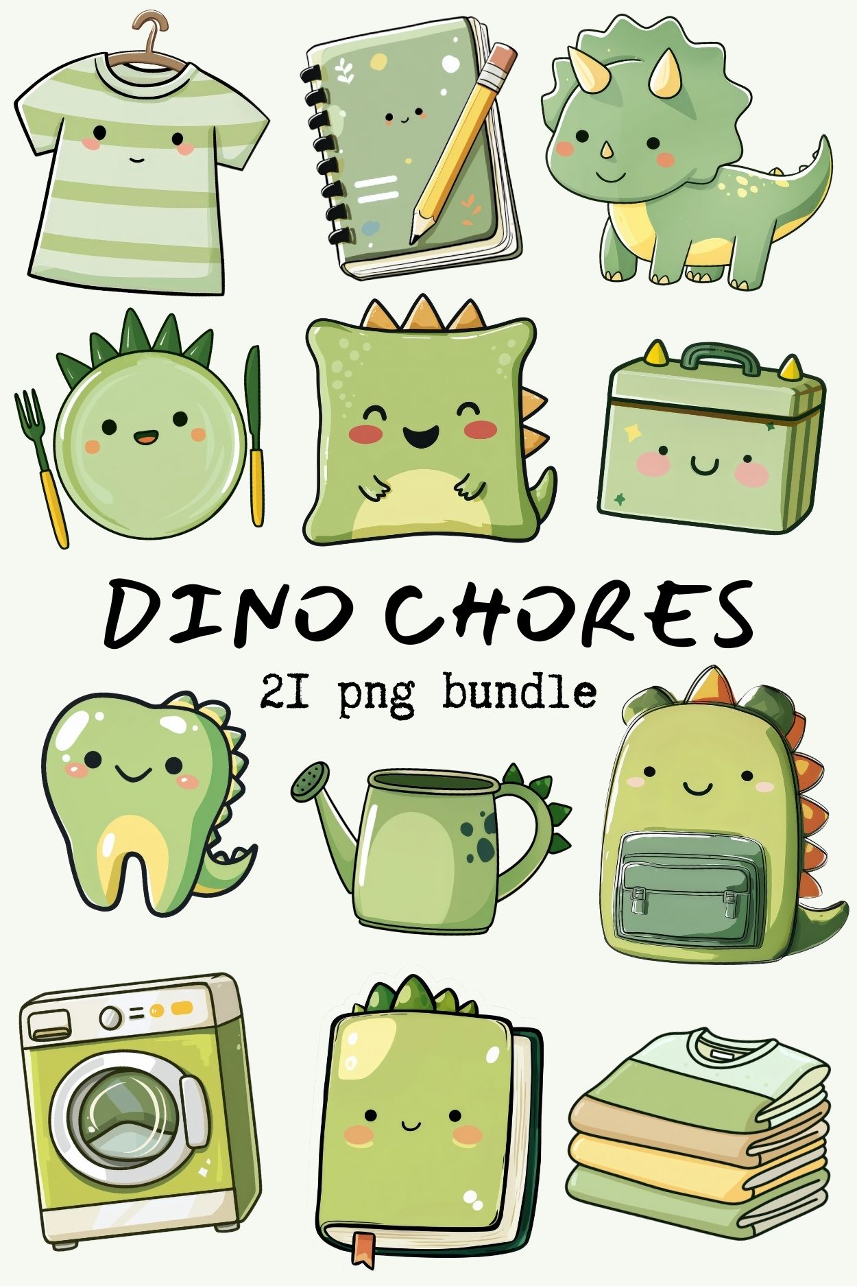 Dino Chore Clipart Bundle, 21 cute dinosaur-themed kids' task sticker png
