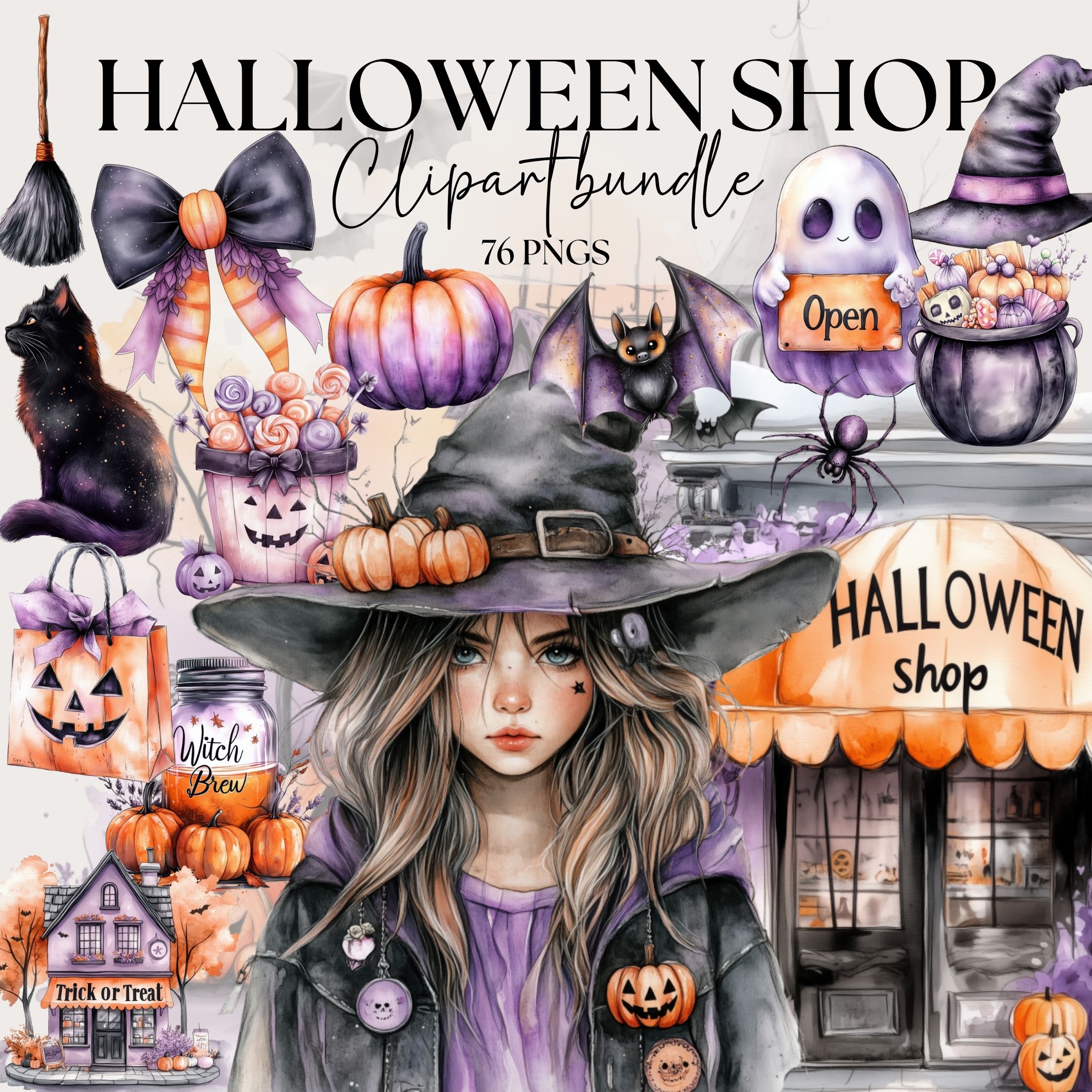 Halloween Shop Clipart Bundle, Black Purple Orange Witch png, Magic Brew Design Elements, Cute Bat Sticker, Spooky Season Collage Elements