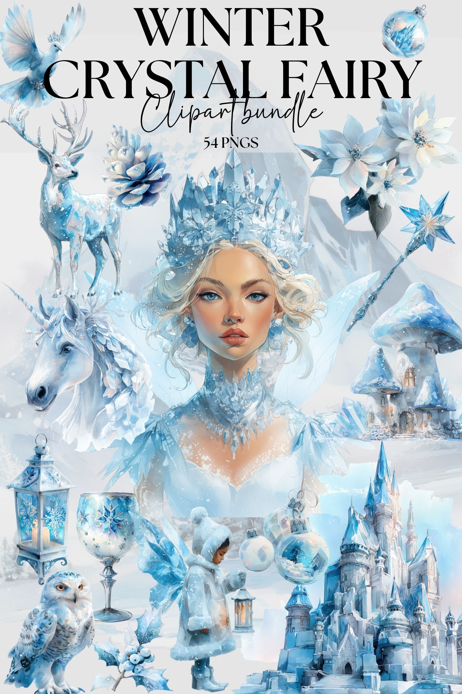 Snow Queen Fairy Clipart Bundle, Winter Wonderland Design Elements, Ice Castle png, Blue White Crystal Fairy, Elegant Unicorn, Holiday Decor