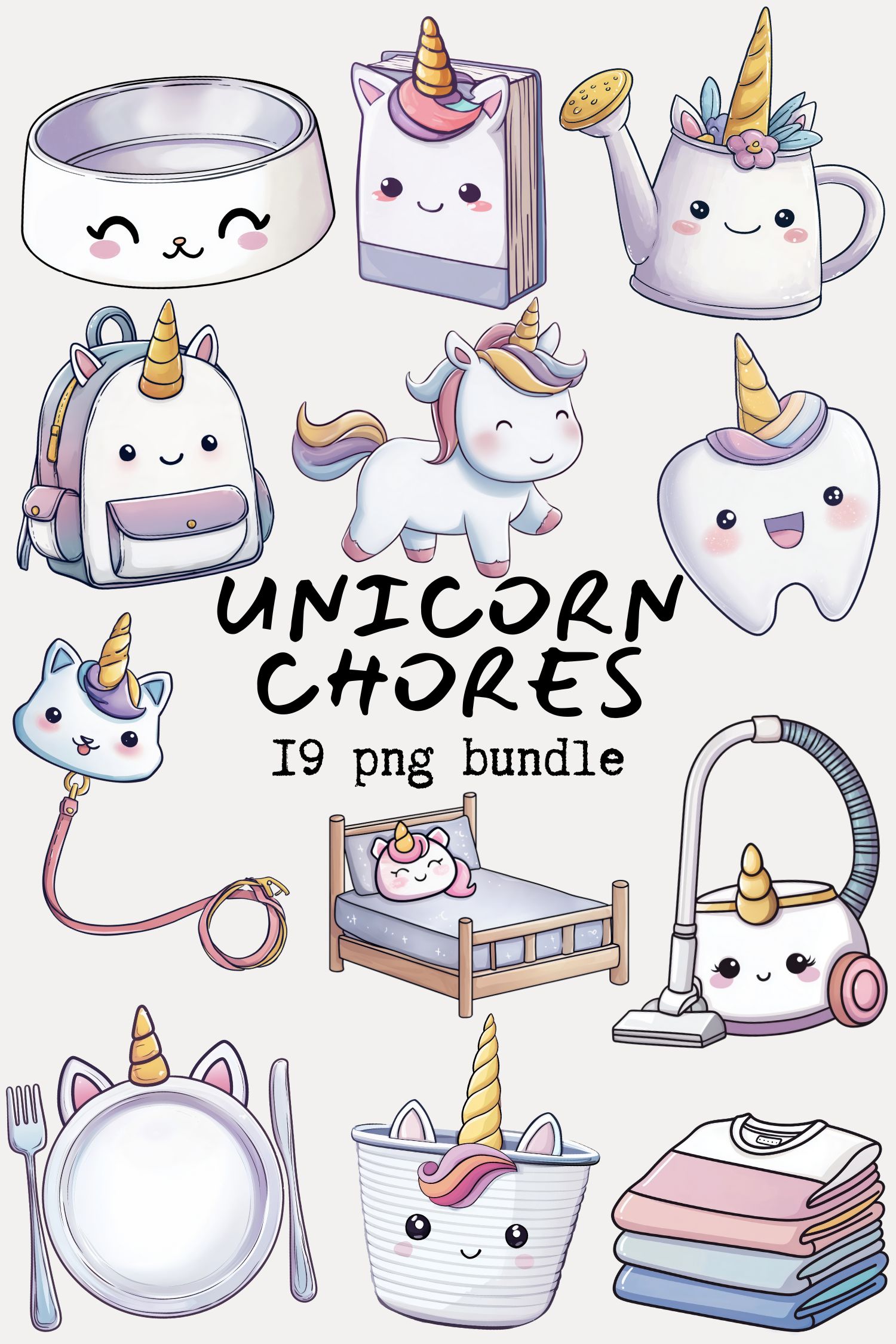 Unicorn Chore Clipart Bundle, 19 cute unicorn-themed kids' task sticker png