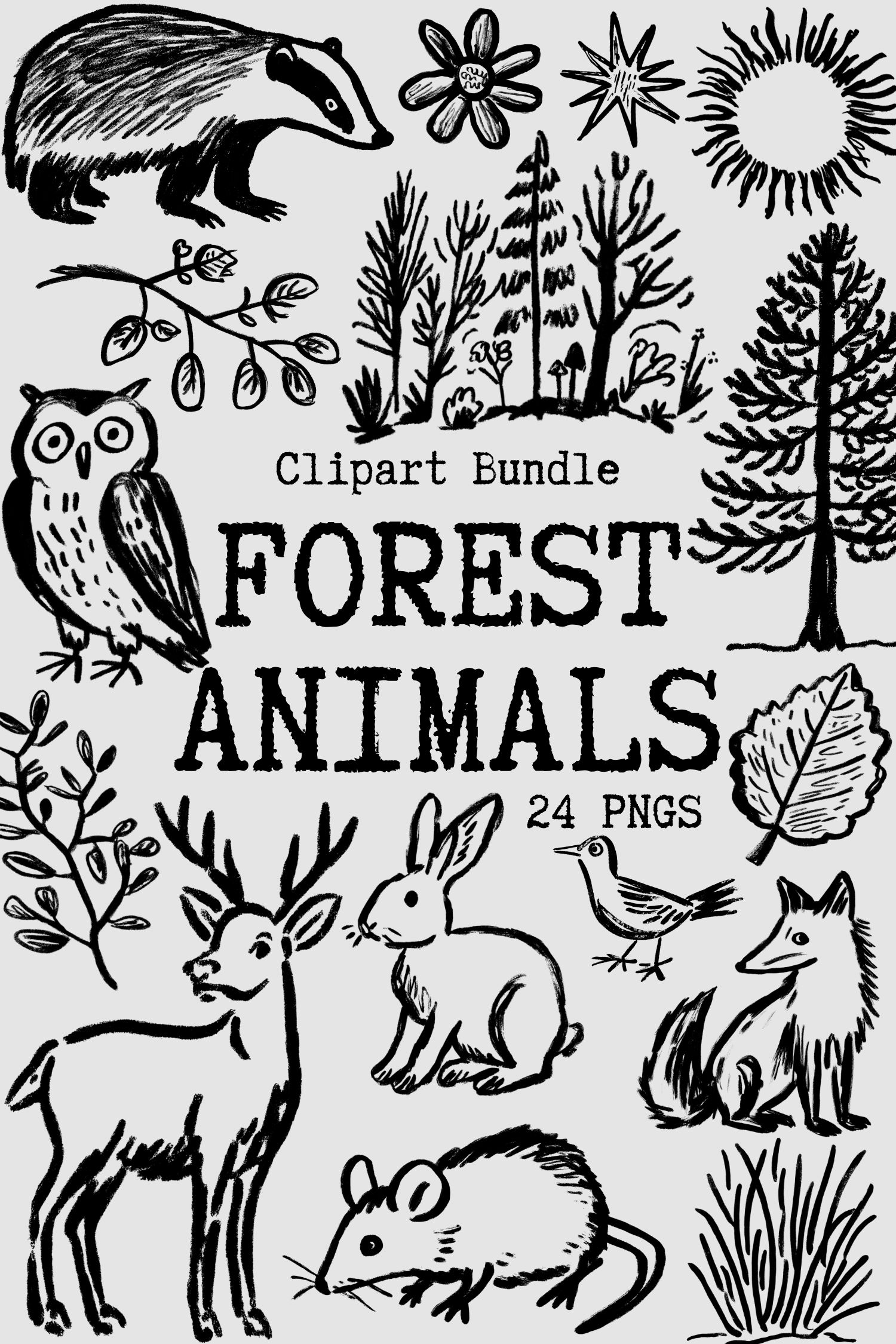 Forest Animals Clipart Bundle, Whimsical Doodle Woodland Creatures Set