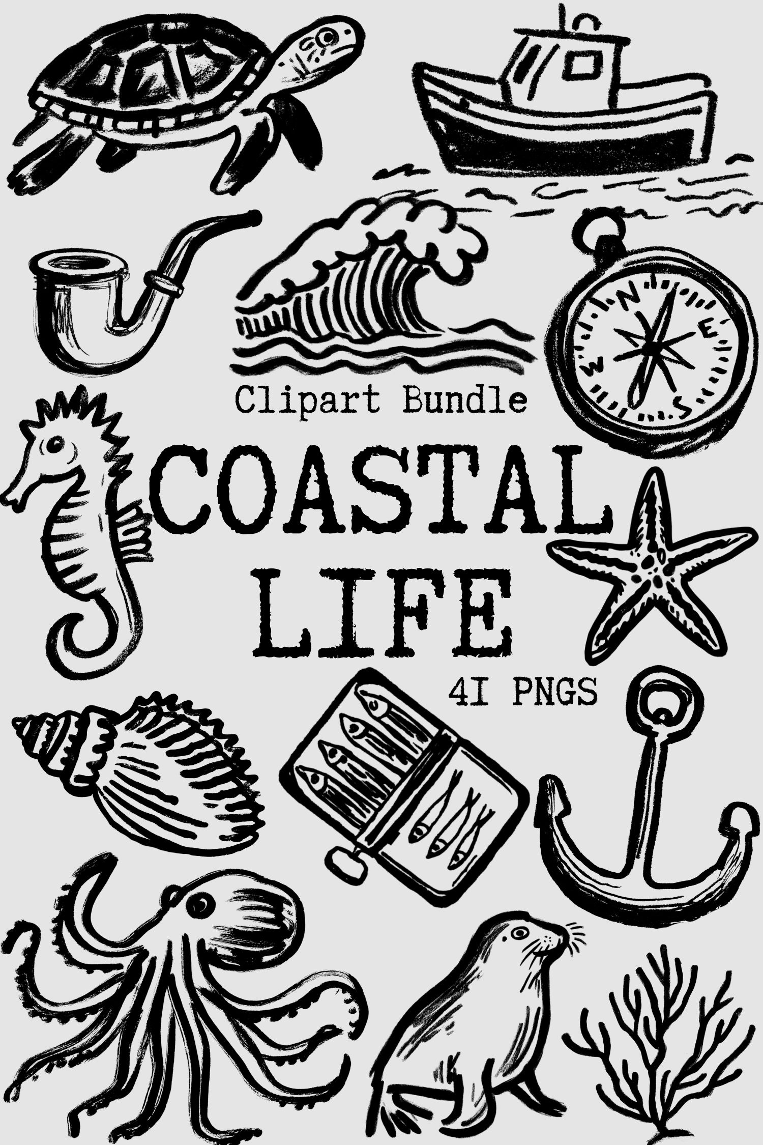 Coastal Life Clipart Bundle | 41 Nautical PNG Illustrations | Vintage Ocean Clip Art, Sea Creatures, Fishing, Marine Life, Digital Download