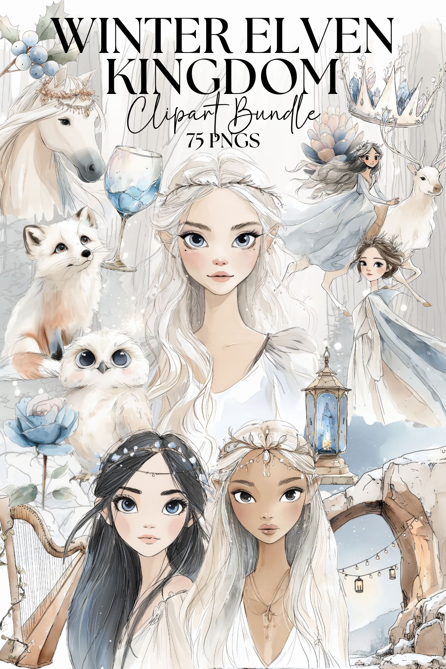 Winter Elven Kingdom Clipart Bundle, Ice Elf Princess png, Snow Forest, Crystal Crown, Reindeer, Castle Fantasy, Storybook Fairytale Magic