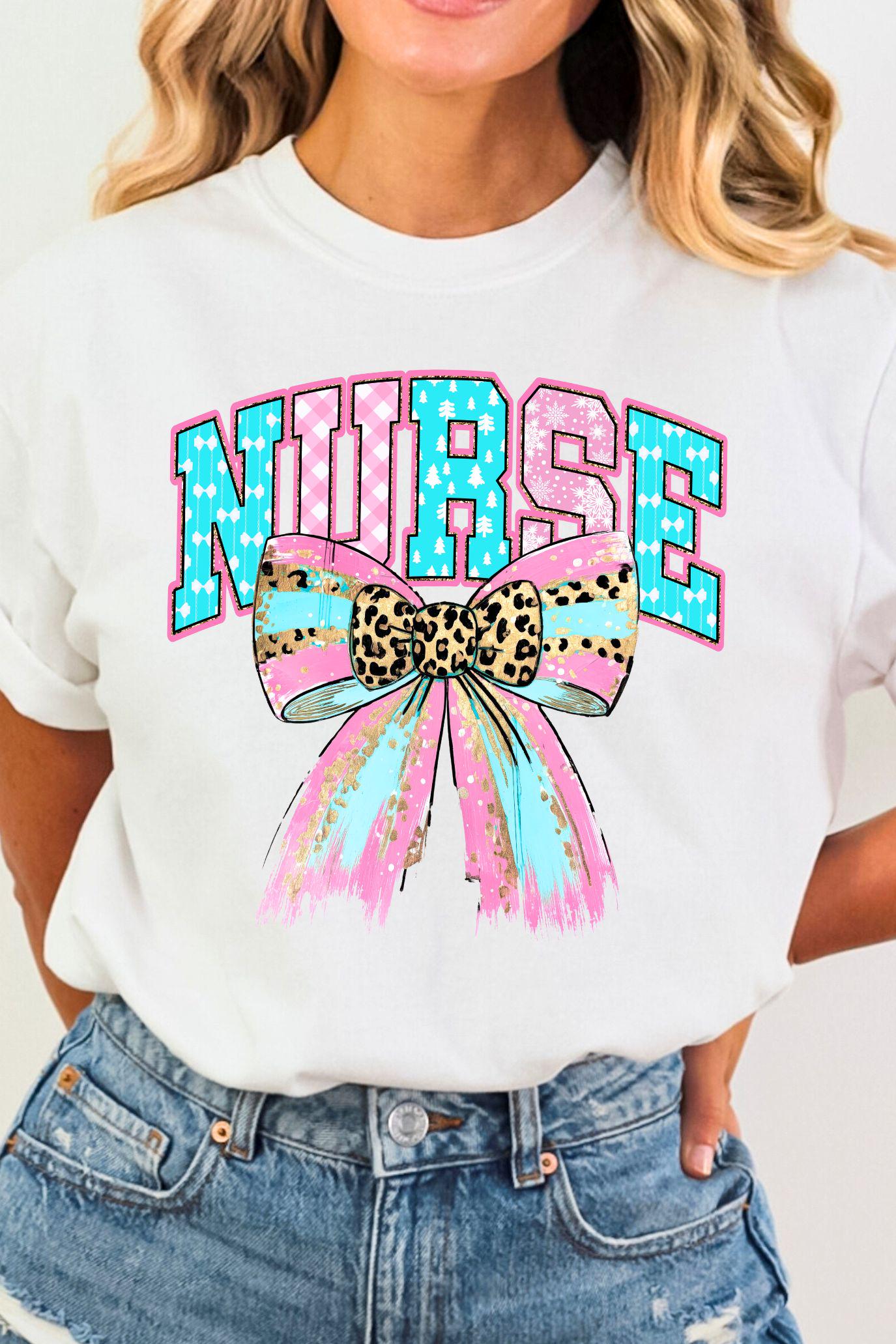Nurse Christmas Sublimation Design | Retro Pastel Leopard Bow PNG | Festive Nurse Shirt Print Winter Holiday Gift Graphic, Preppy Nurse Bow