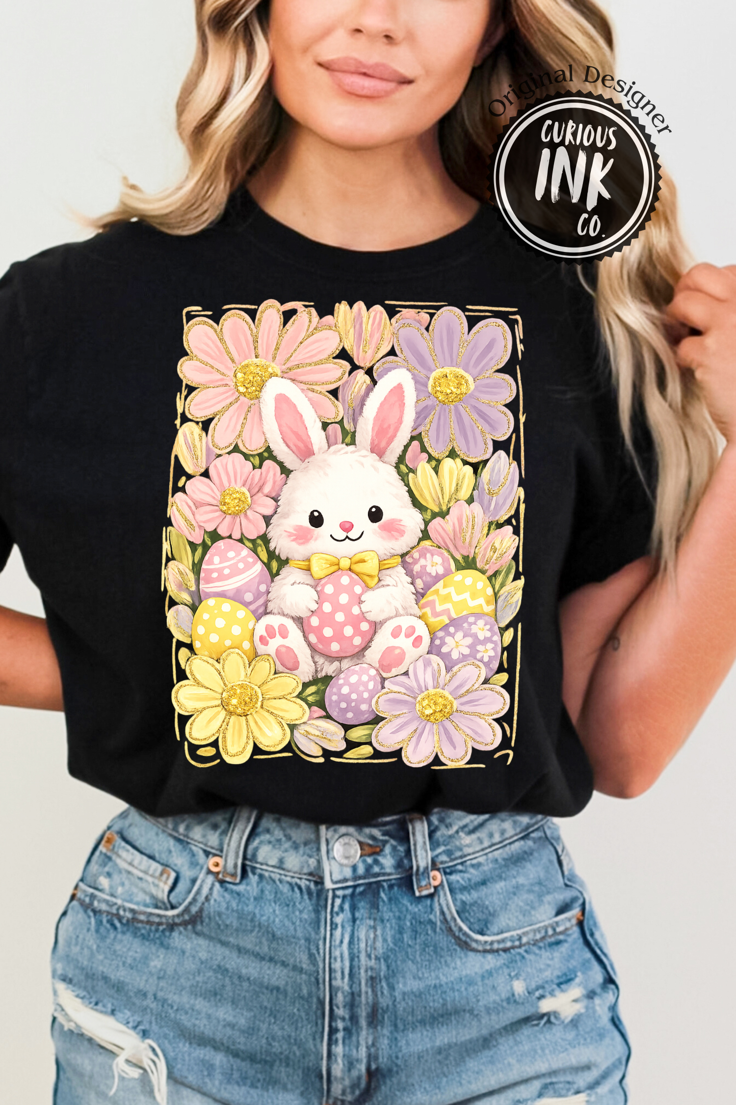 Cute Pastel Easter Bunny Shirt Design, Nursery Spring Floral Bunny PNG, Pink Yellow Purple Egg Sublimation Print, Kids Easter Outfit