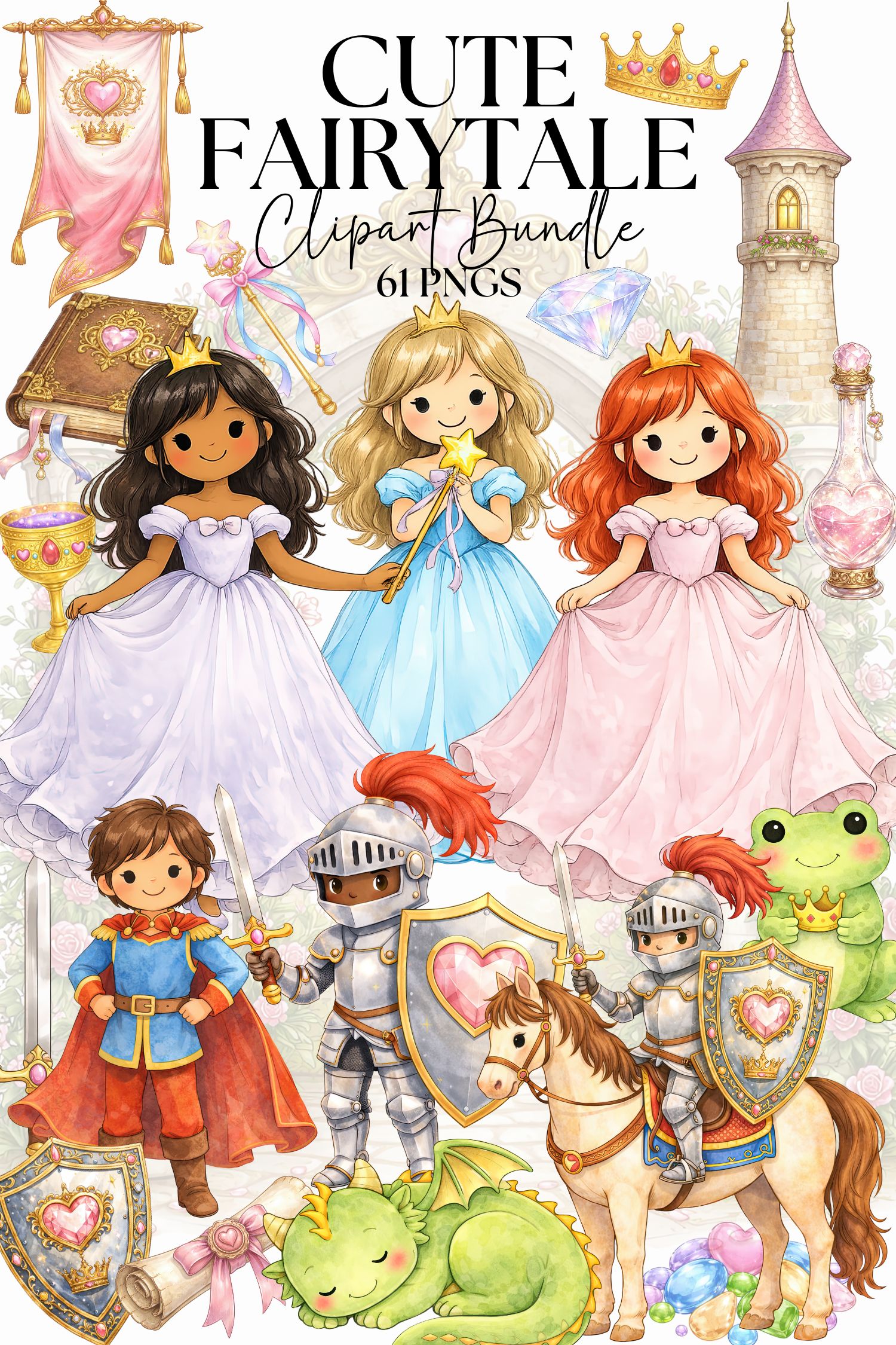 Cute Fairytale Princess Clipart Bundle, Pastel Fantasy Castle PNG, Prince Knight Dragon, Royal Crown, Storybook Nursery 61 PNGs