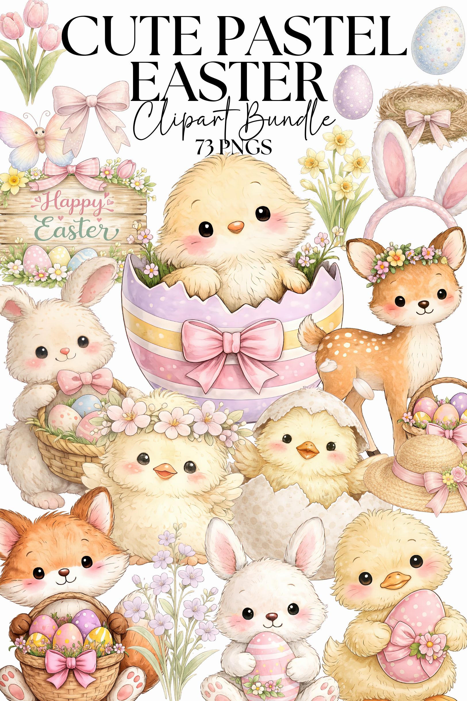 Cute Pastel Easter Clipart Bundle, Nursery Bunny Chick Lamb Fox Deer PNG, Spring Baby Animals, Floral Eggs, Naive Children Book Illustration