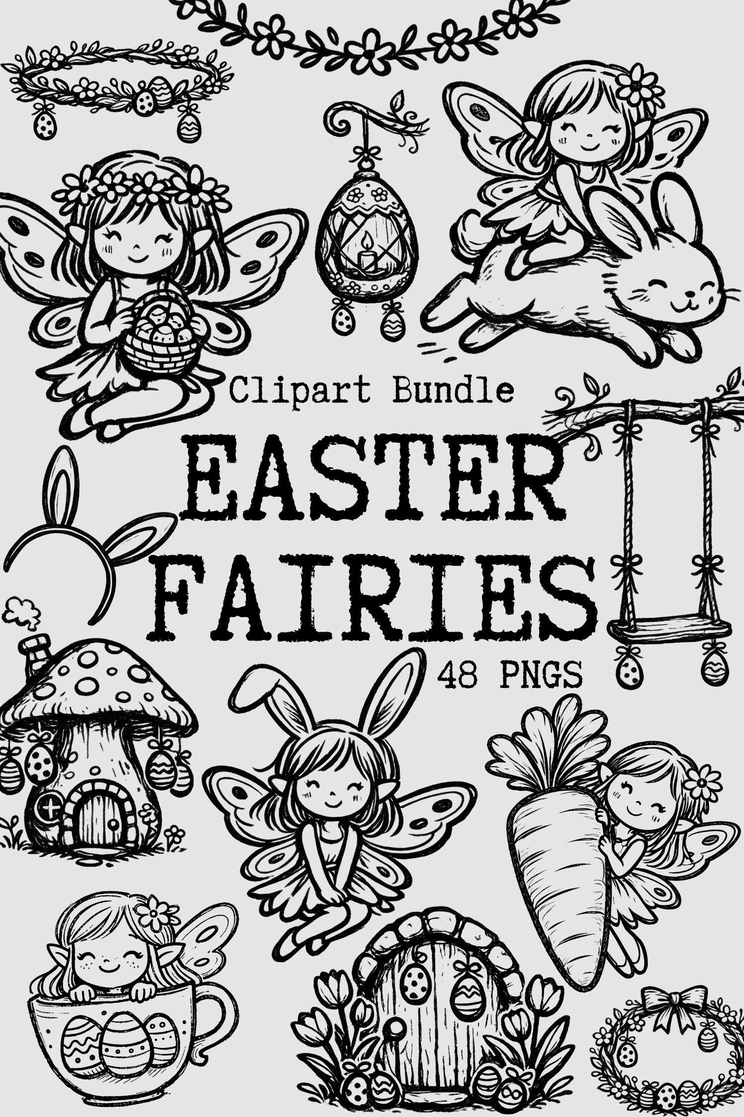 Whimsical Easter Fairies, Black Chalk Doodle Fairy, Magical Easter Egg Coloring Book png, Naive Children Book Illustration
