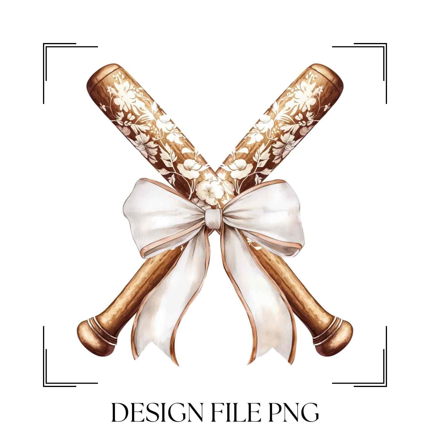 Vintage Baseball Bats PNG: Chinoiserie Floral, Coquette Bow (Digital Download)