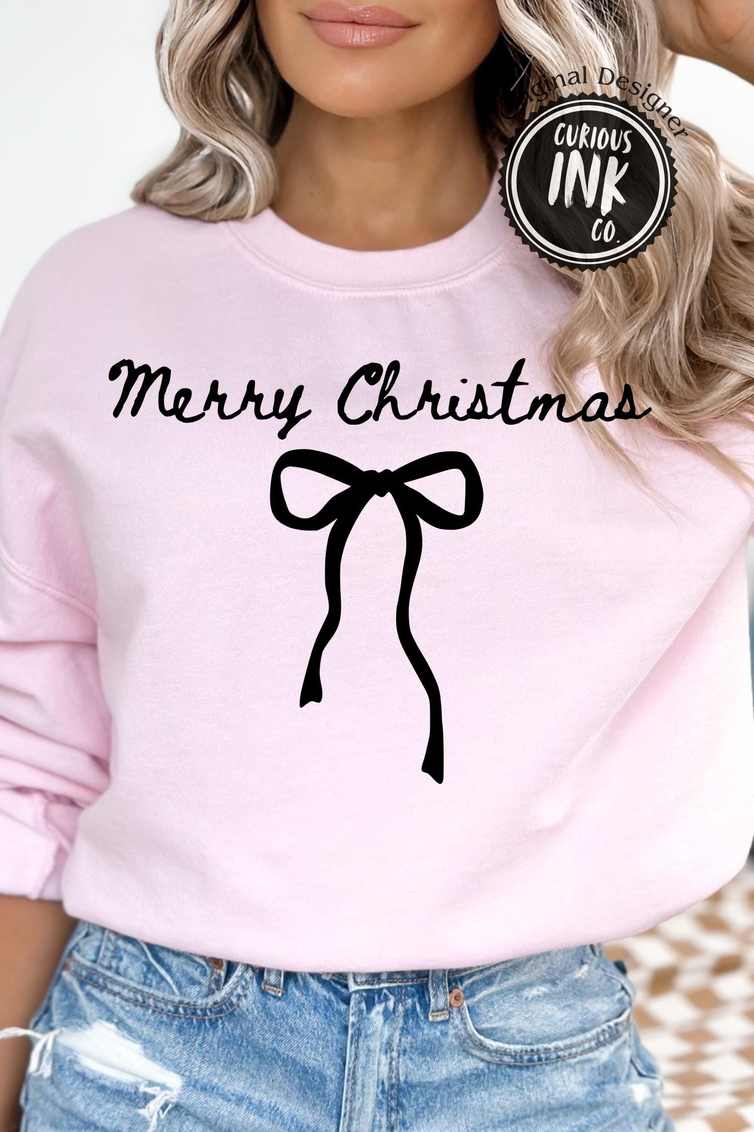 Preppy Merry Christmas PNG | Doodle Bow Christmas Shirt Design | Handdrawn Aesthetic Holiday PNG for Moms | Coquette Xmas Art for POD