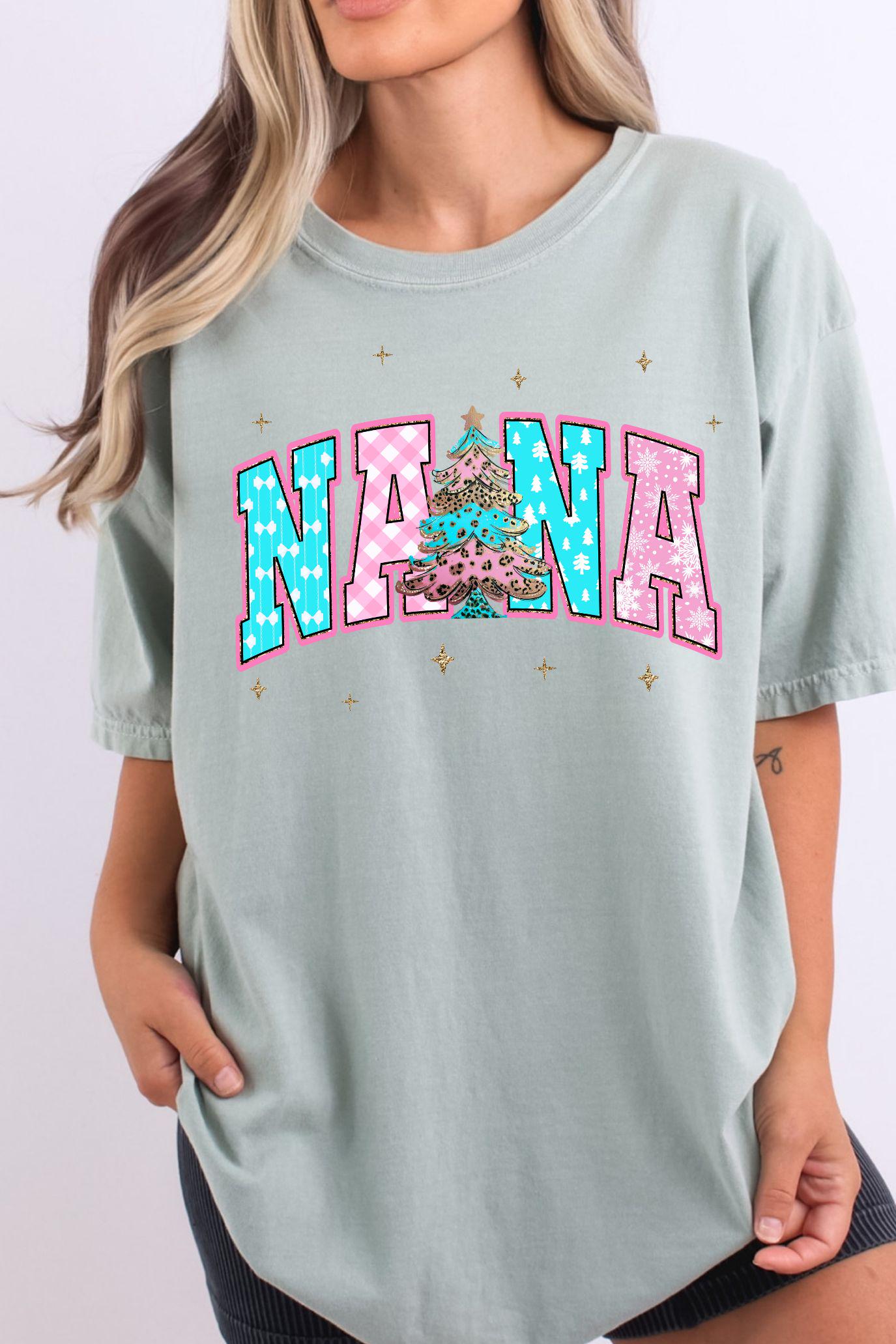 NANA Christmas PNG | Preppy Leopard Tree Pink Blue Design | Retro Glitter Holiday Grandma Shirt Sublimation | Matching Family Xmas Gift Art