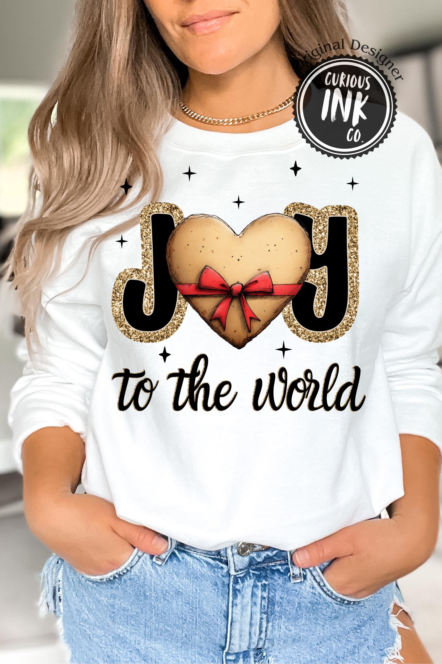 Joy to the World Cookie PNG | Christmas Heart Cookie Clipart with Bow | Cute Holiday Baking PNG for Shirts | Glitter Joy Typography Design