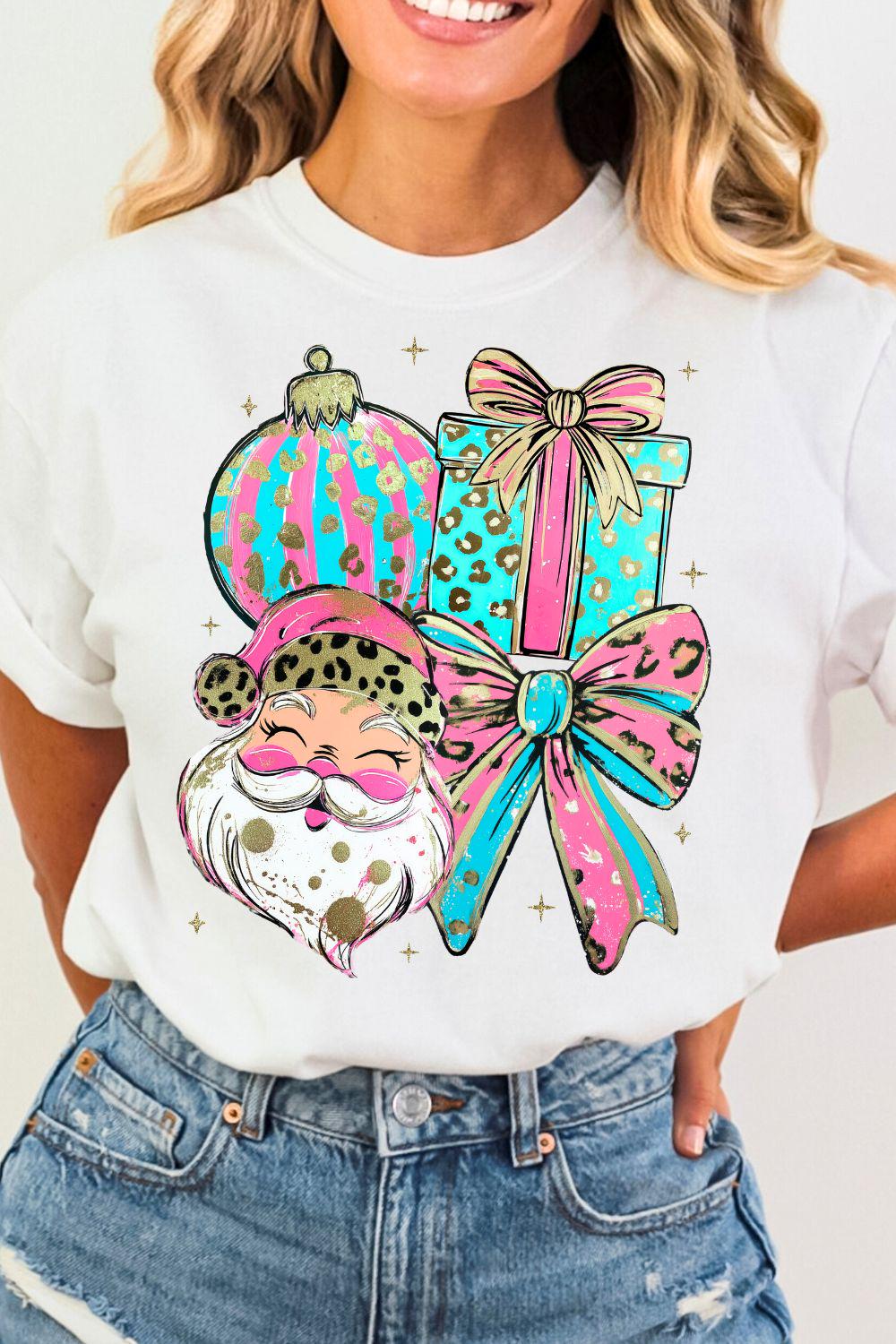 Pink Teal Santa PNG | Glam Leopard Christmas Sublimation Design | Boutique Holiday Shirt PNG | Retro Boho Christmas Bow & Gift Clipart