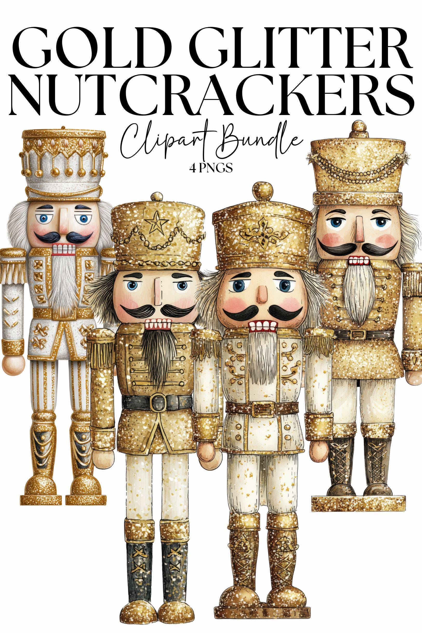 4 Gold Glitter Nutcrackers, Cottagecore Christmas Clipart Bundle, Fussy Cut Stickers, Ephemera Digital Paper
