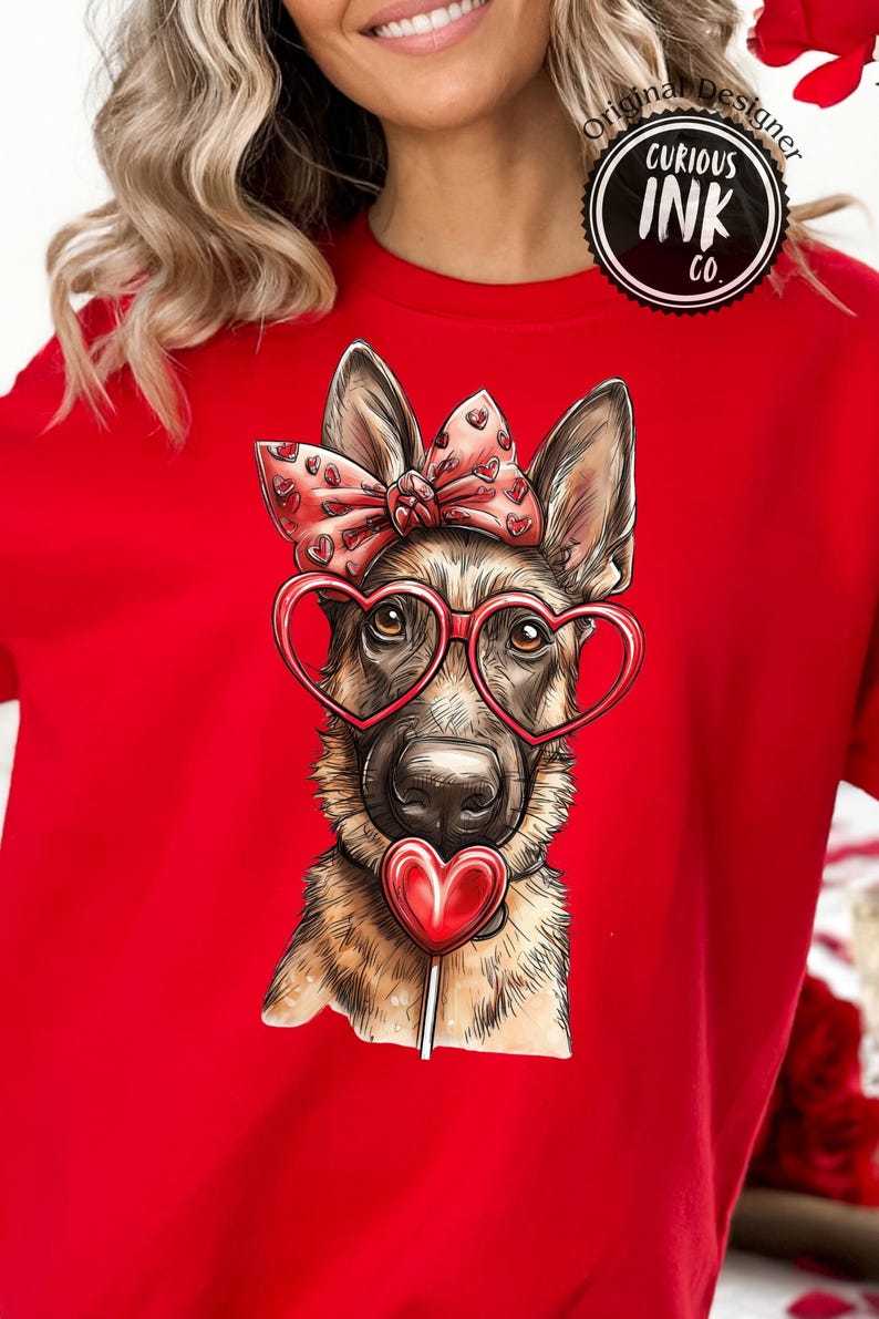 German Shepherd Valentine Dog Design, Heart Glasses Puppy Art, Funny Love Dog Illustration for Shirts, Gifts, Stickers, Valentines Day