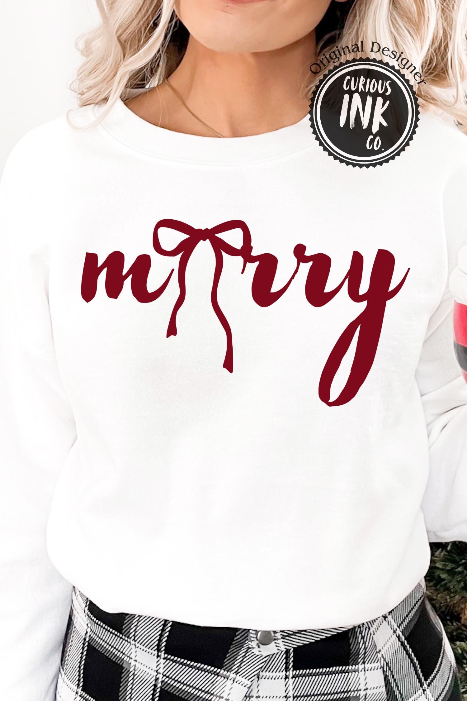 Merry Bow PNG, Preppy Christmas Script Clipart, Coquette Holiday Bow Design, Simple Minimal Christmas Shirt PNG for POD
