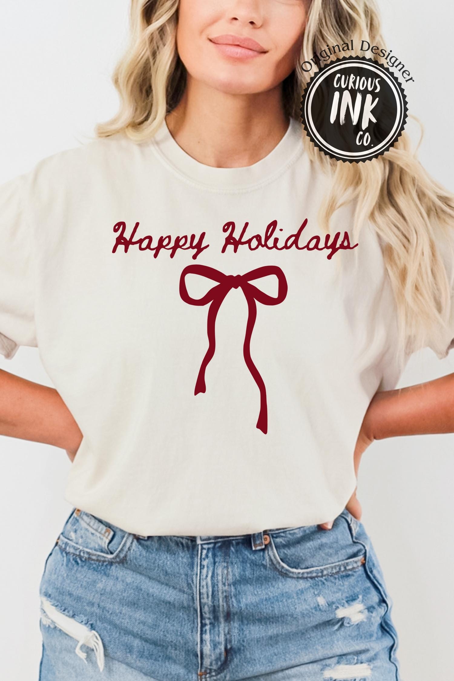 Happy Holidays Bow PNG | Minimalist Christmas Line Art | Festive Holiday Bow | Coquette Christmas Shirt POD, Red Bow png, Merry and Bright