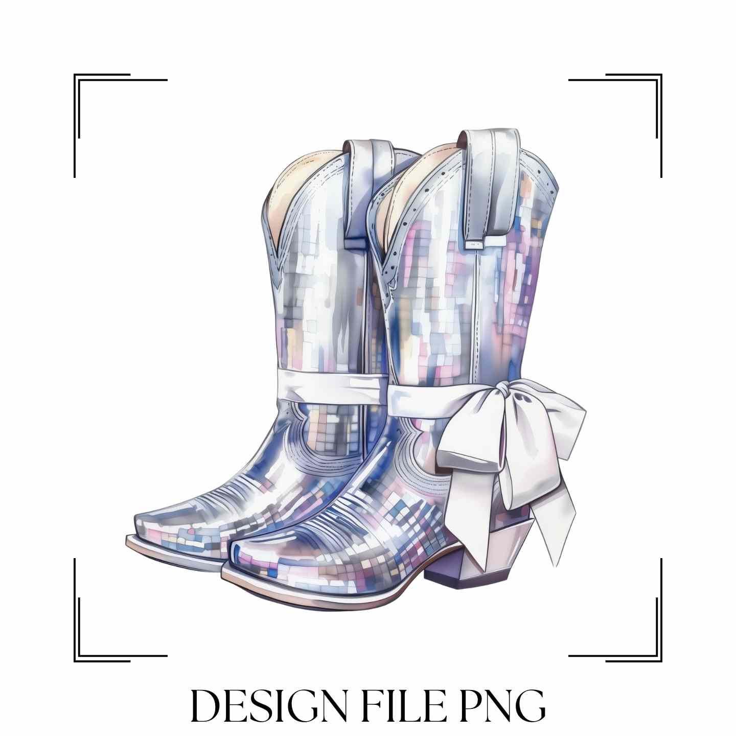 Disco Cowgirl Boots PNG: Watercolor Bow, Reflective Western Design