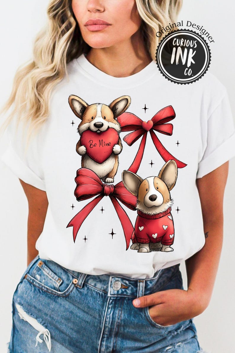 Whimsical Corgi Valentine Print Design • Cute Be Mine Corgi Clipart • Dog Lover Shirt PNG • Red Bow Sweater Corgi Art for POD