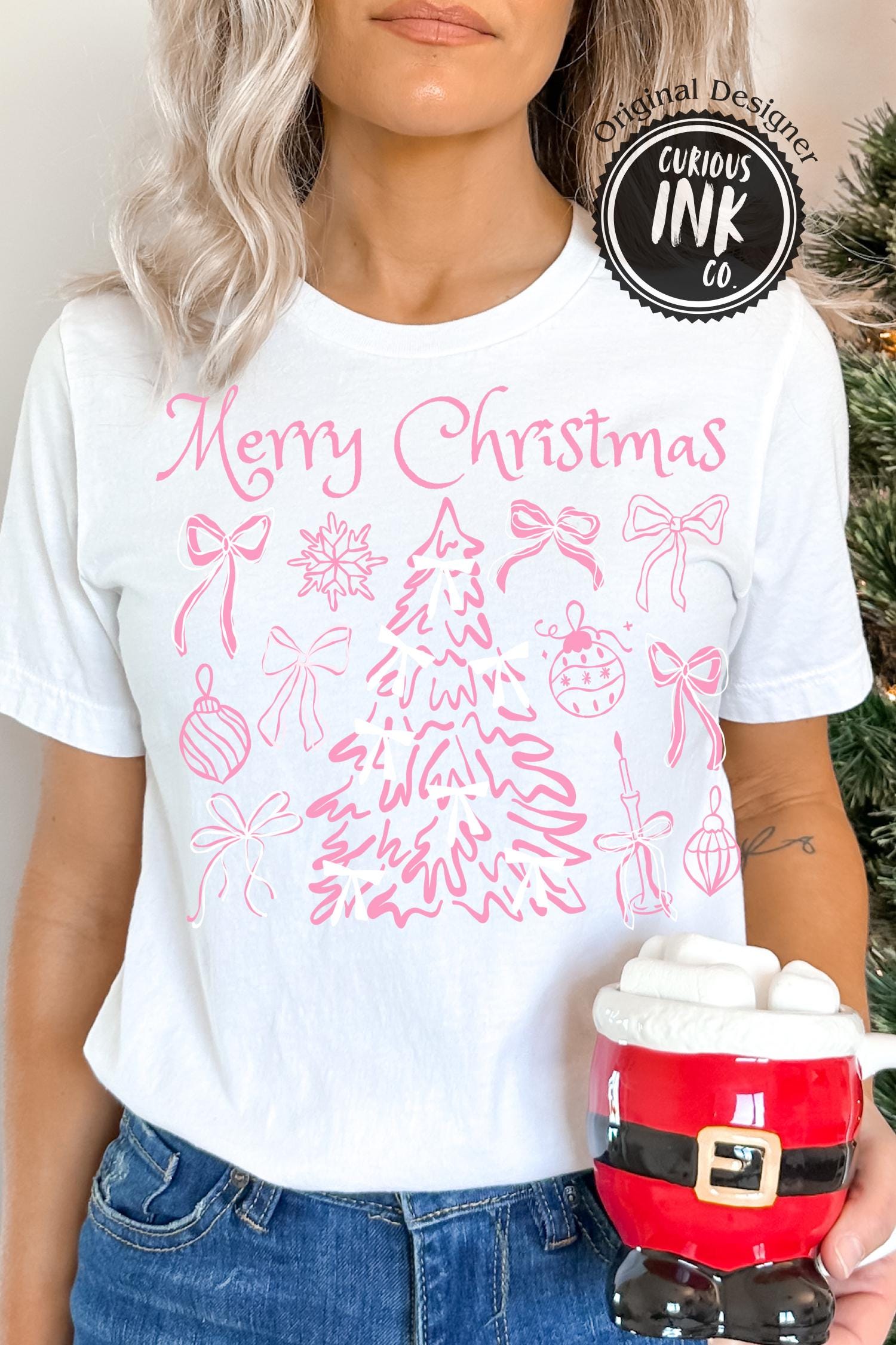 Preppy Pink Christmas PNG | Girly Coquette Bow Tree Shirt Design | Handdrawn Doodle Holiday PNG for POD | Cute Mom Aesthetic Xmas Art