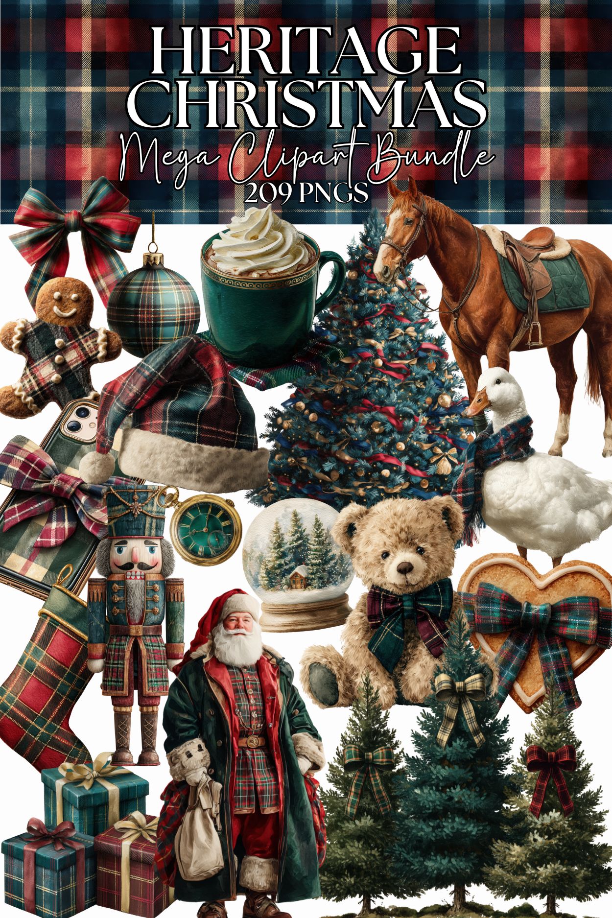 Huge Heritage Christmas Clipart Bundle | 201 PNGs + 26 Sticker Sheets + 8 Seamless Patterns | Tartan Plaid Vintage Holiday Equestrian Winter