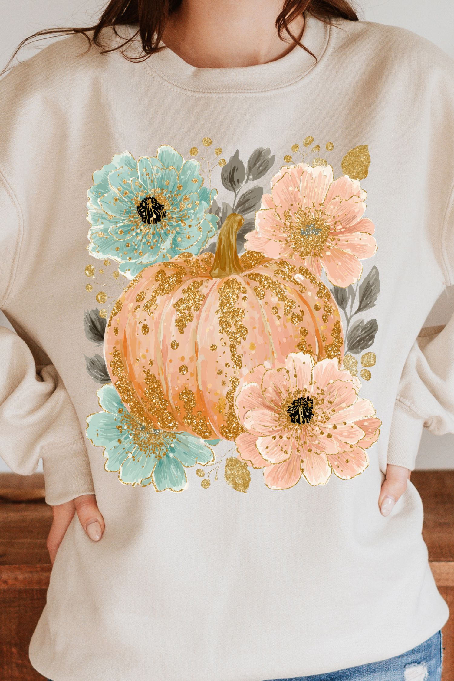 Pastel Glitter Pumpkin PNG | Boho Fall Shirt Design | Pink & Turquoise Floral Pumpkin Sublimation | Autumn Glam Clipart