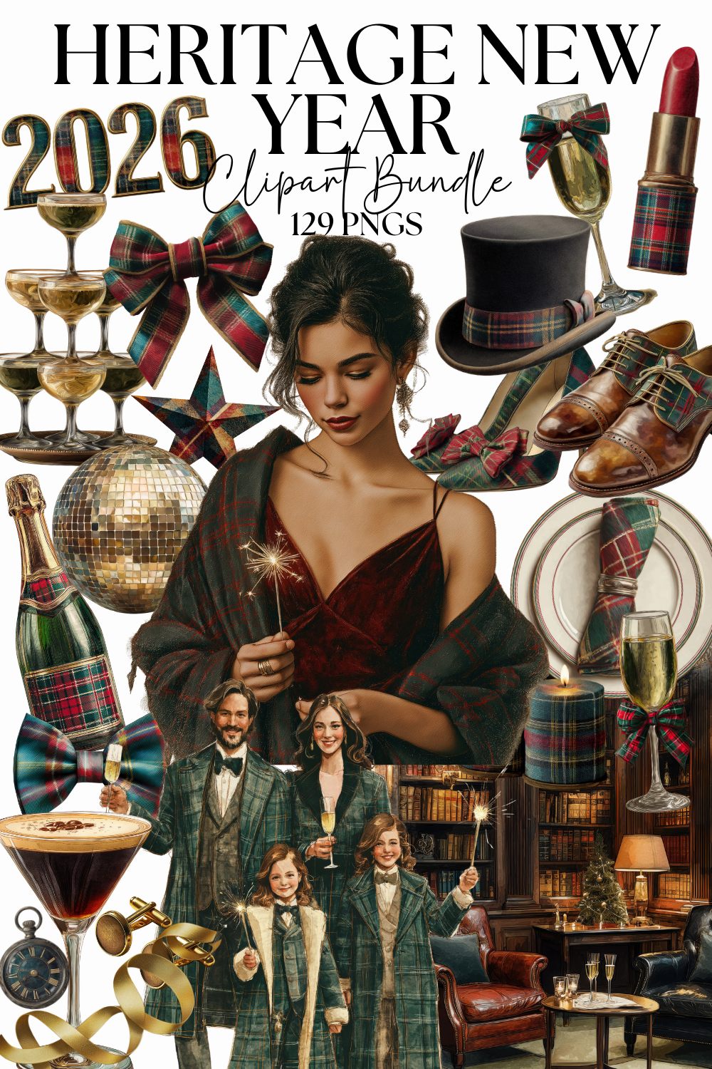 Heritage New Year Clipart Bundle, Elegant Tartan Party PNG, Vintage Celebration Graphics, Fashion Holiday Design Set, Ephemera Sticker Sheet