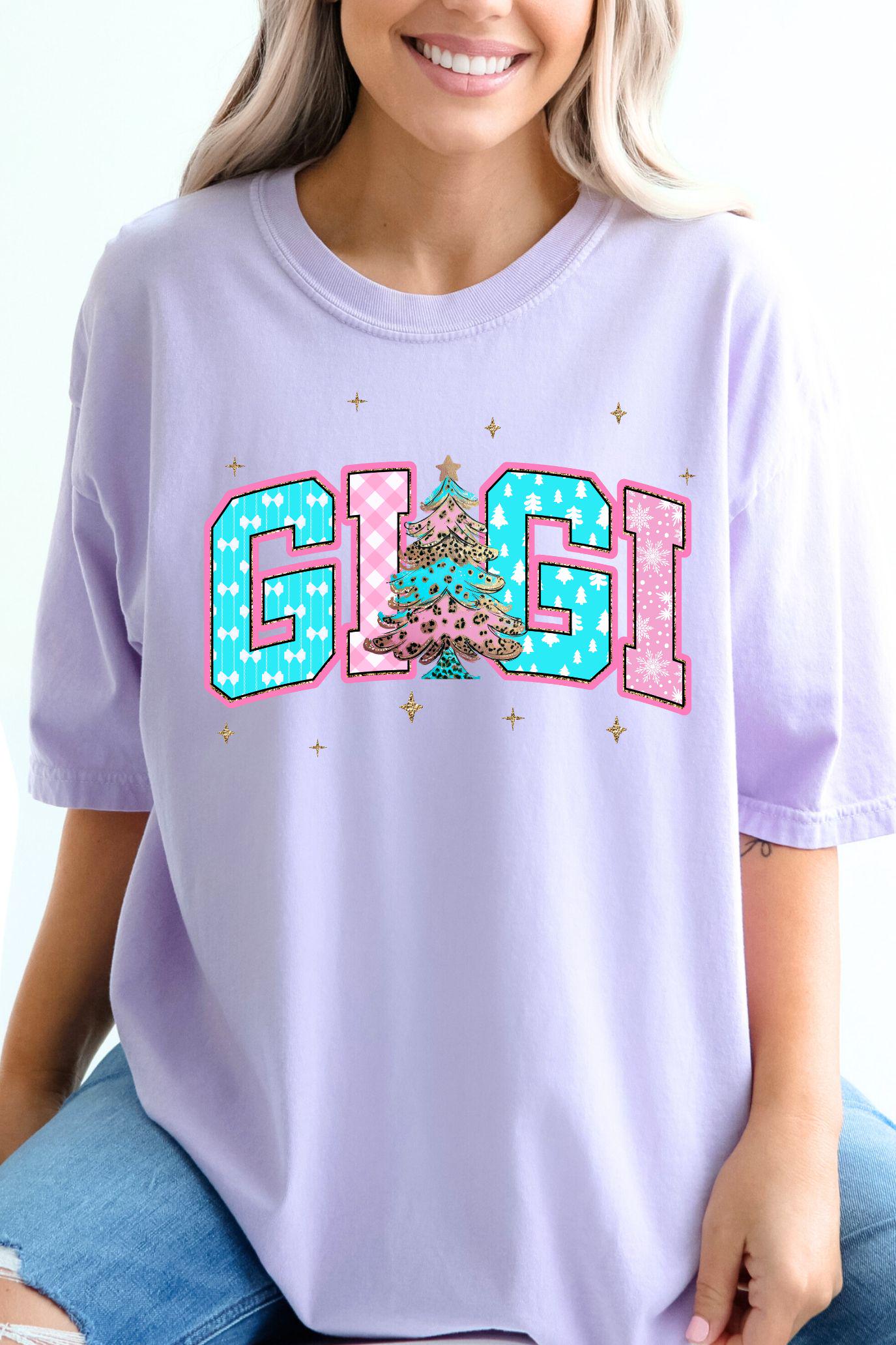 GIGI Christmas PNG | Preppy Leopard Tree Pink Blue Design | Retro Glitter Holiday Grandma Shirt Sublimation | Matching Family Xmas Gift Art