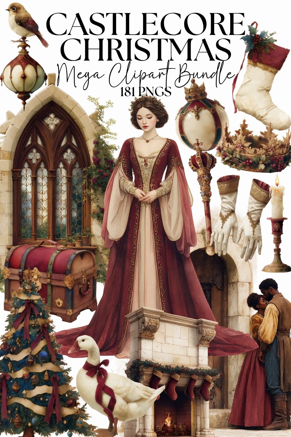 Castlecore Christmas Clipart Bundle | 181 PNGs + Sticker Sheets | Vintage Medieval Holiday Aesthetic Cottagecore Fairytale, Fair Maiden Xmas