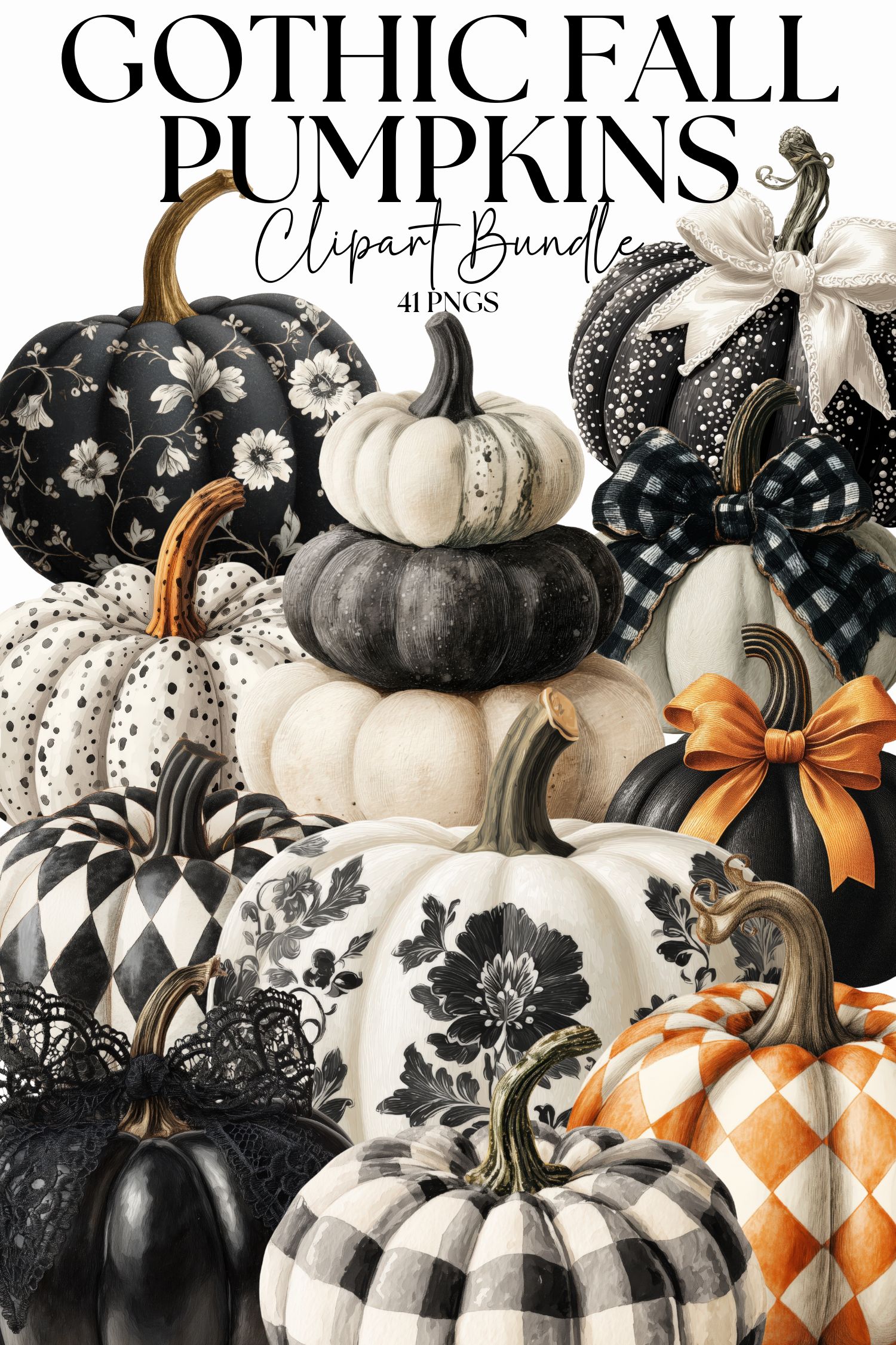 41 Gothic Pumpkins Clipart Bundle, Black and white Checkered Fall Pumpkins, Black Lace Bow png