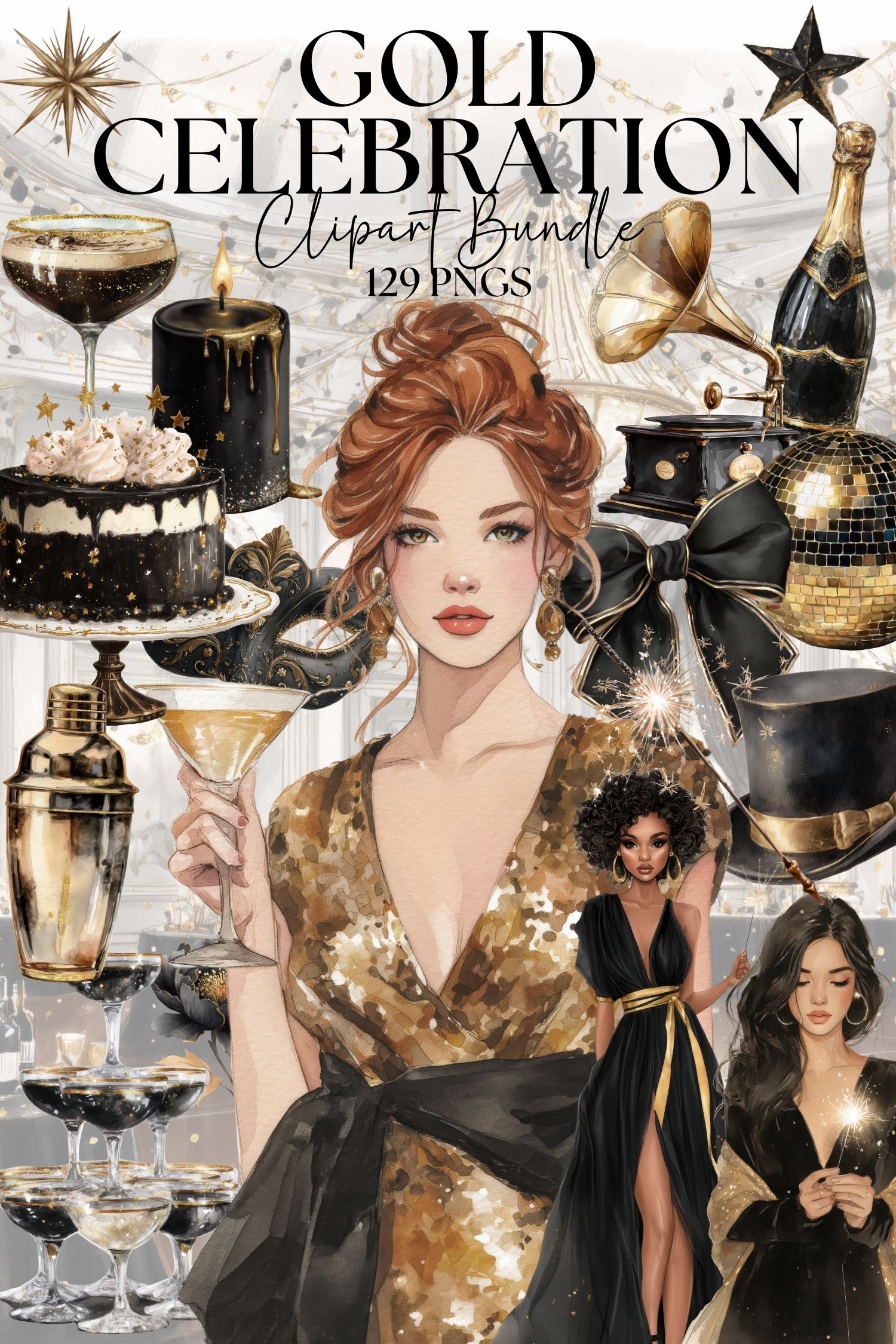 Gold Celebration Clipart Bundle, Elegant Black Gold Party PNG, Luxury New Year Graphics, Vintage Glam Event Design, Ephemera Sticker Sheet
