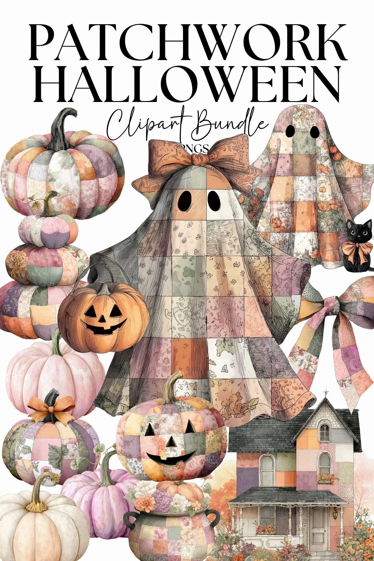 35 Patchwork Pumpkins & Ghosts, Cottagecore Halloween Clipart Bundle, Fussy Cut Stickers, Ephemera Digital Paper
