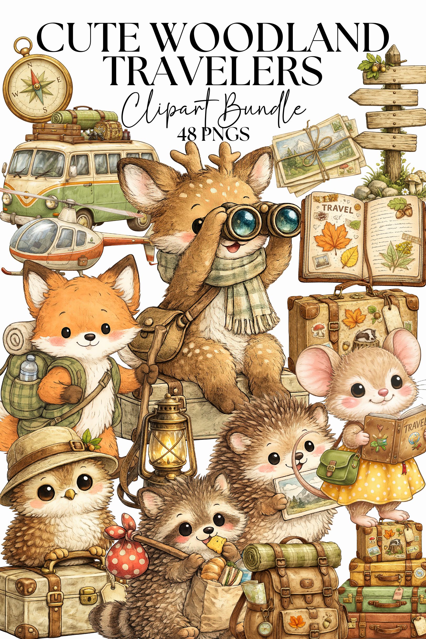 Cute Woodland Travelers Clipart Bundle, Forest Animal Travel PNG, Fox Deer Hedgehog Mouse, Vintage Suitcase Adventure, Children's Book png