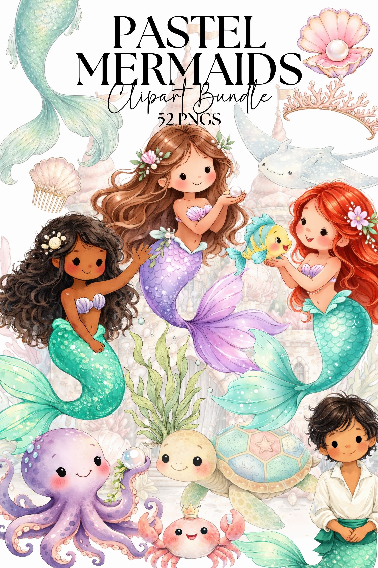 Pastel Mermaid Clipart Bundle, Cute Under the Sea PNG, Mermaid Girl, Ocean Animals, Shell Crown Treasure, Nursery Sea Life, Baby Mermaid set
