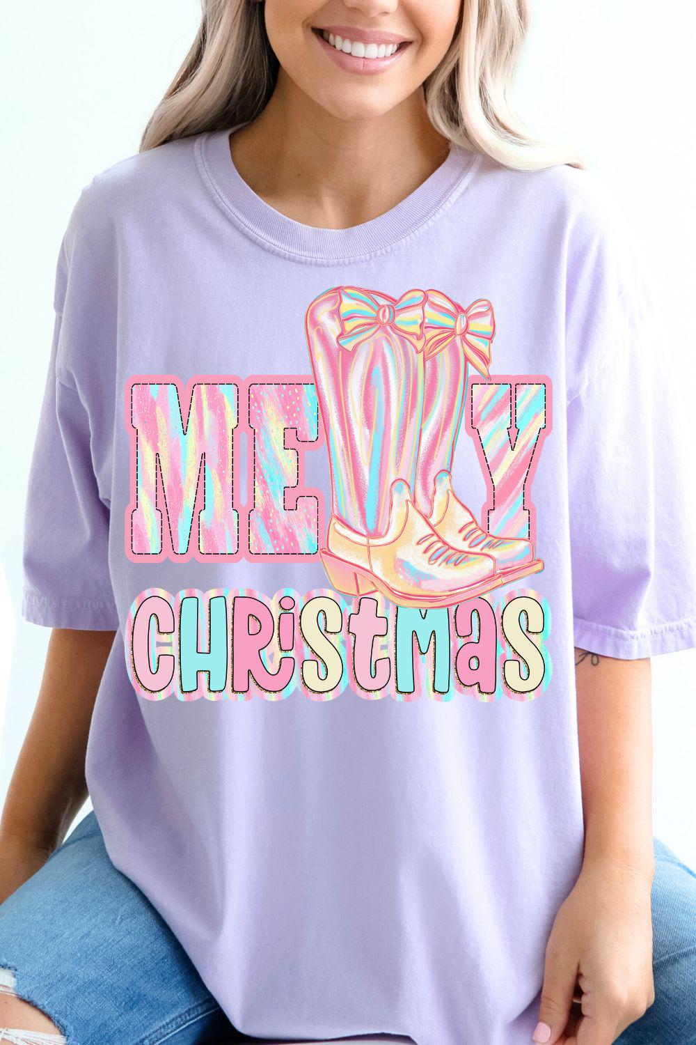 Pastel Western Christmas PNG | Pink Iridescent Cowgirl Boots Clipart | Merry Christmas Sublimation Design for Crafters