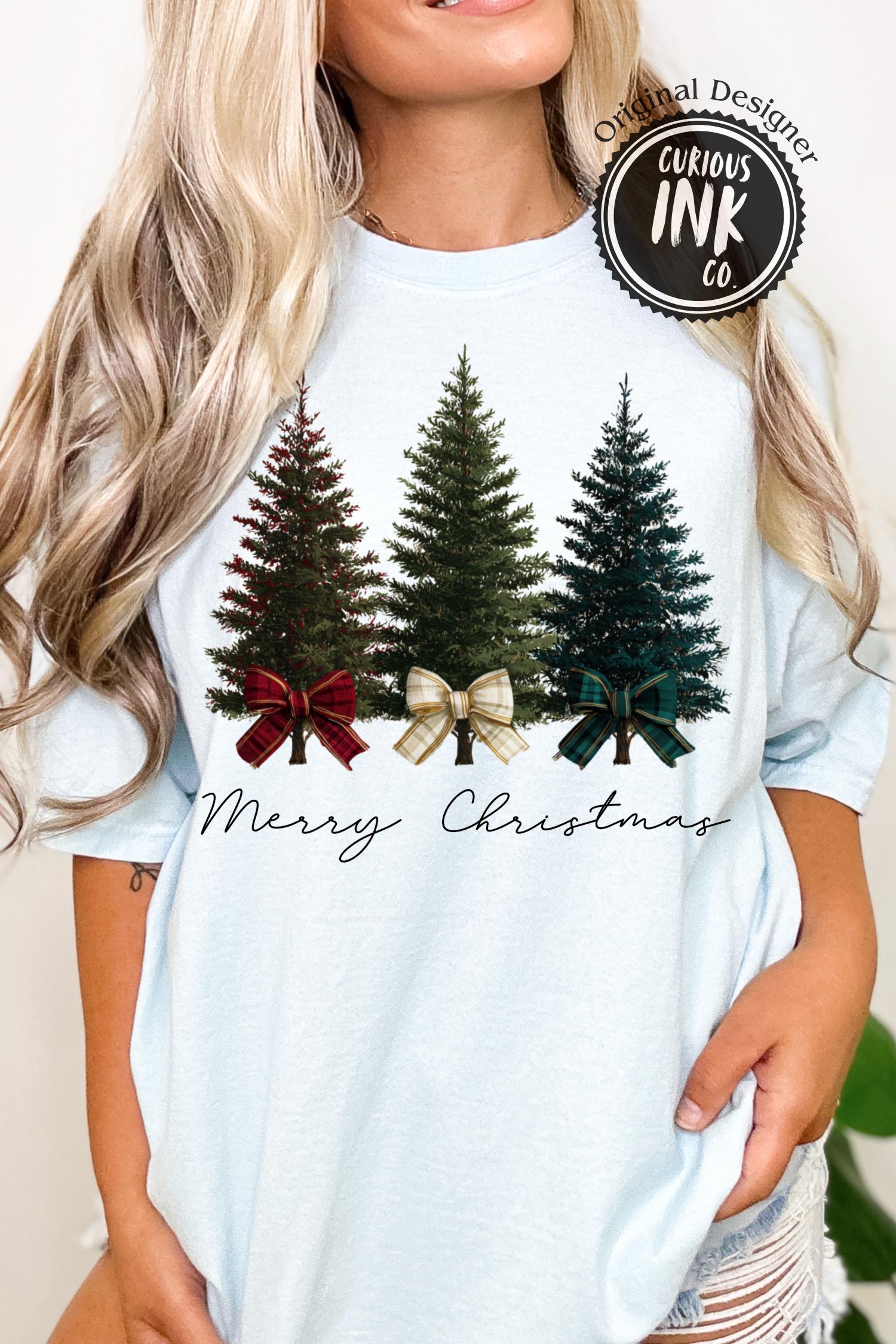 Plaid Bow Christmas Trees PNG | Cozy Farmhouse Holiday Sublimation Design | Vintage Heritage Xmas Art | Festive Plaid Tree POD File