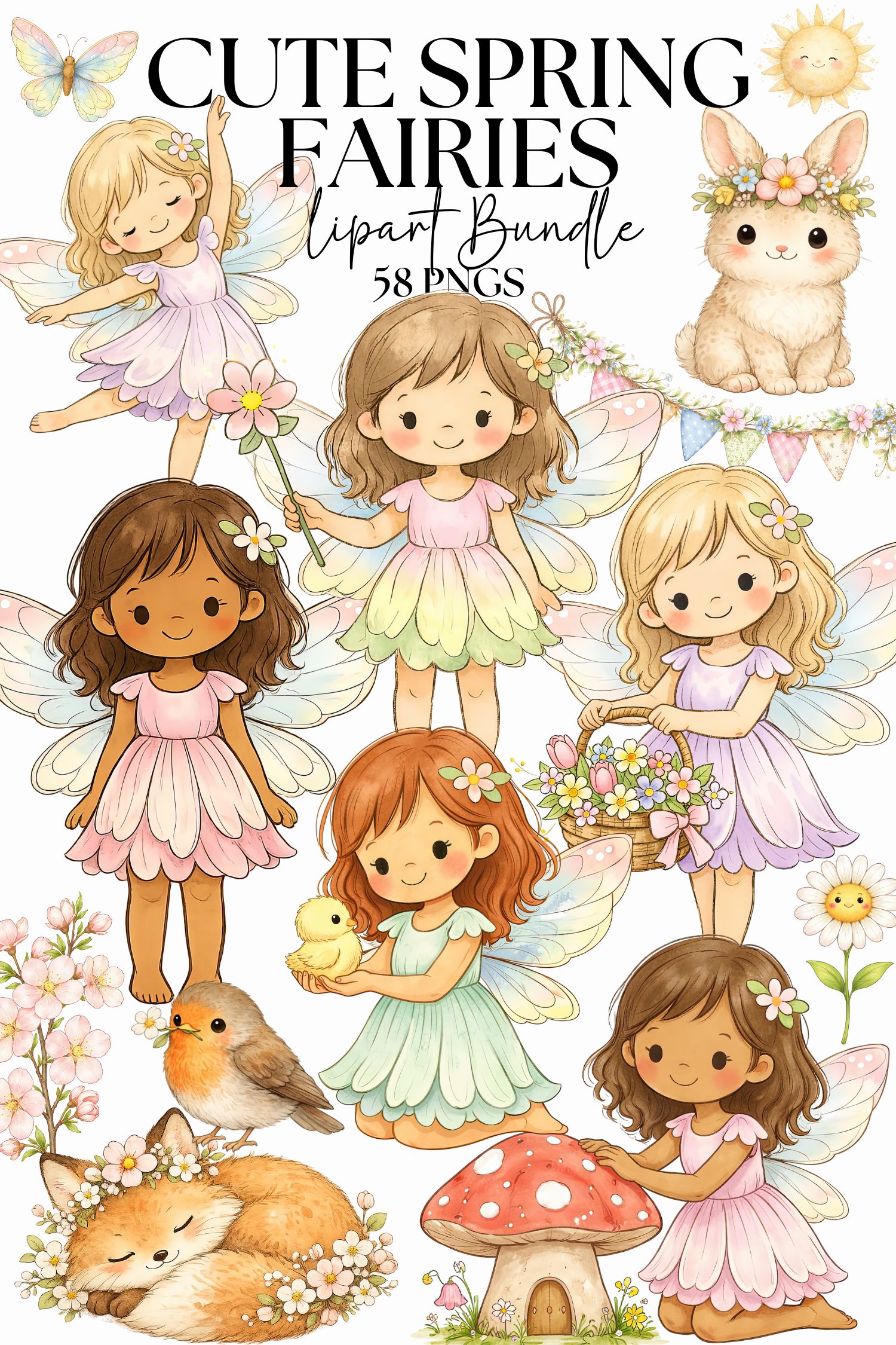 Cute Pastel Spring Fairies Clipart Bundle, Woodland Nursery Fairy PNG, Floral Girls, Butterflies, Bunny, Naive Children Book Illustration