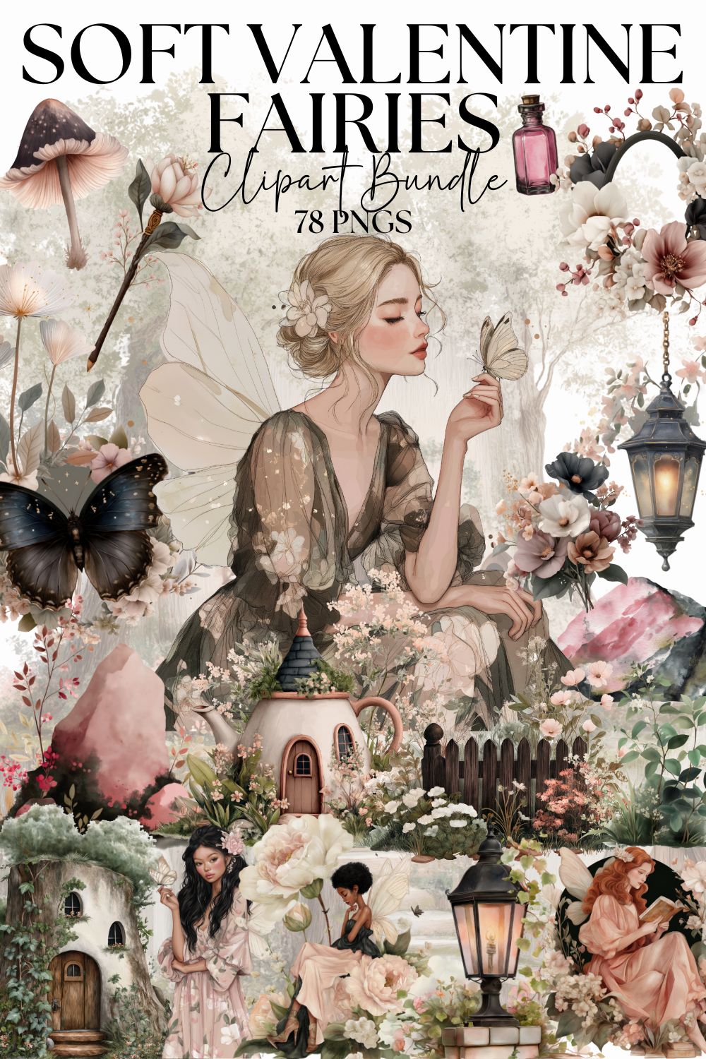 Soft Valentine Fairies Clipart Bundle, Romantic Fairy PNG, Blush Cottagecore Fantasy Graphics, Elegant Valentine Design