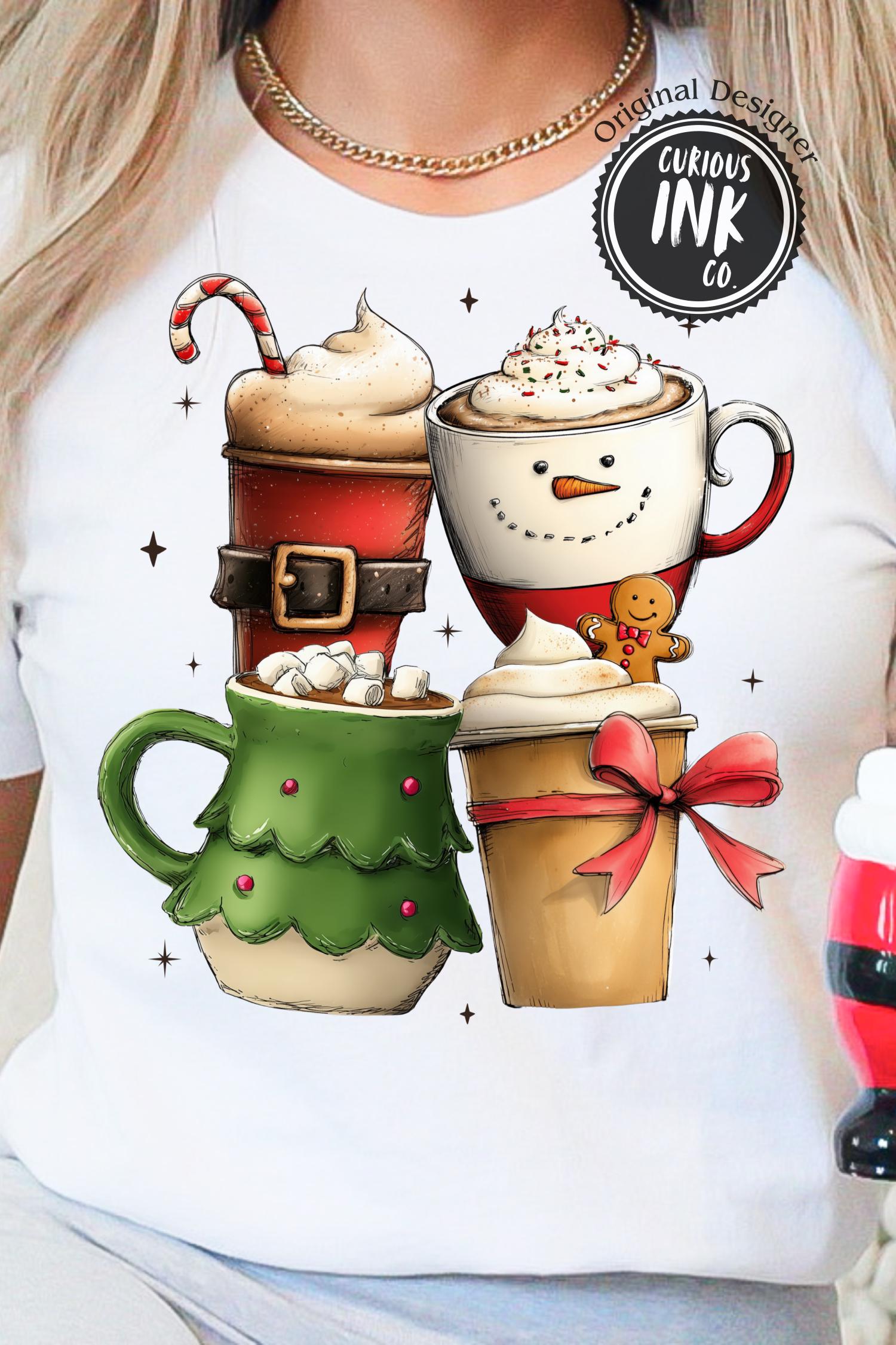 Christmas Coffee Cups PNG, Holiday Drinks Clipart for Momlife Shirts, Cozy Christmas Cup PNG for POD, Cute Cocoa Latte Design