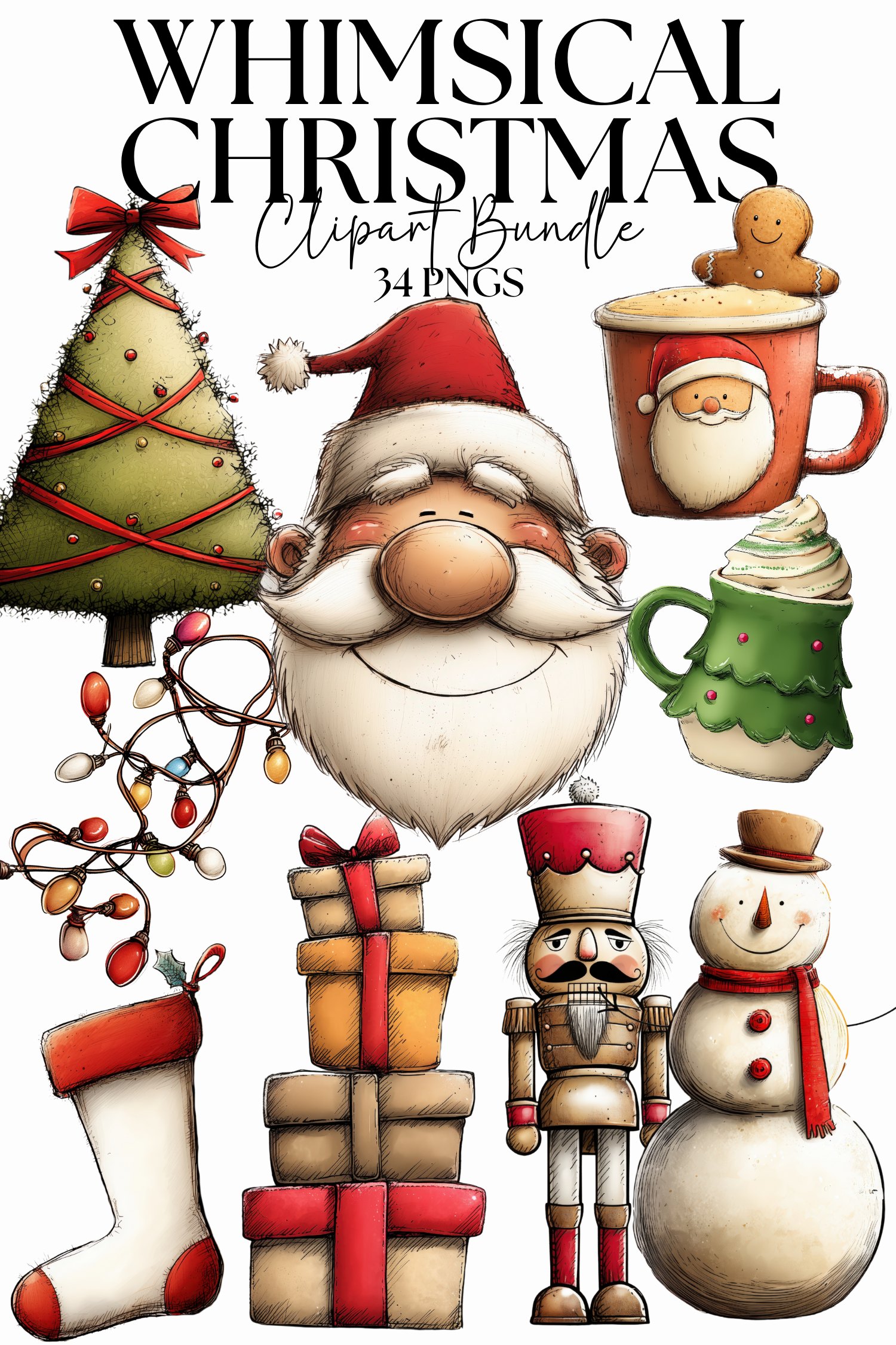 Whimsical Christmas Clipart Bundle, Gingerbread Santa PNG, Christmas Cookies, Snowman, Candy Cane, Tree Stickers, Cute Holiday Graphics