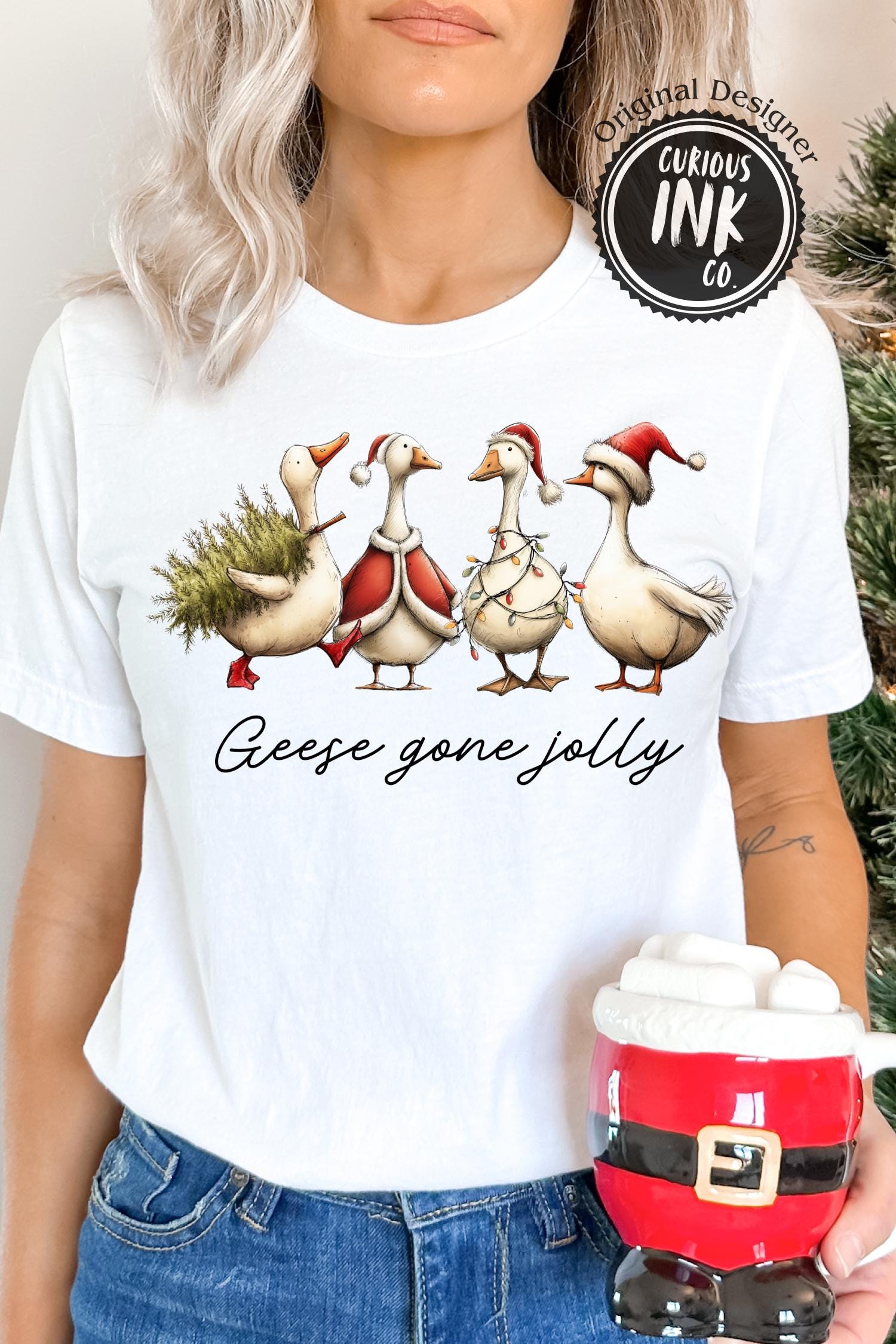 Geese Gone Jolly Christmas PNG, Cute Goose Clipart for Shirts, Cozy Preppy Holiday Design, Funny Farmhouse Xmas Art for POD