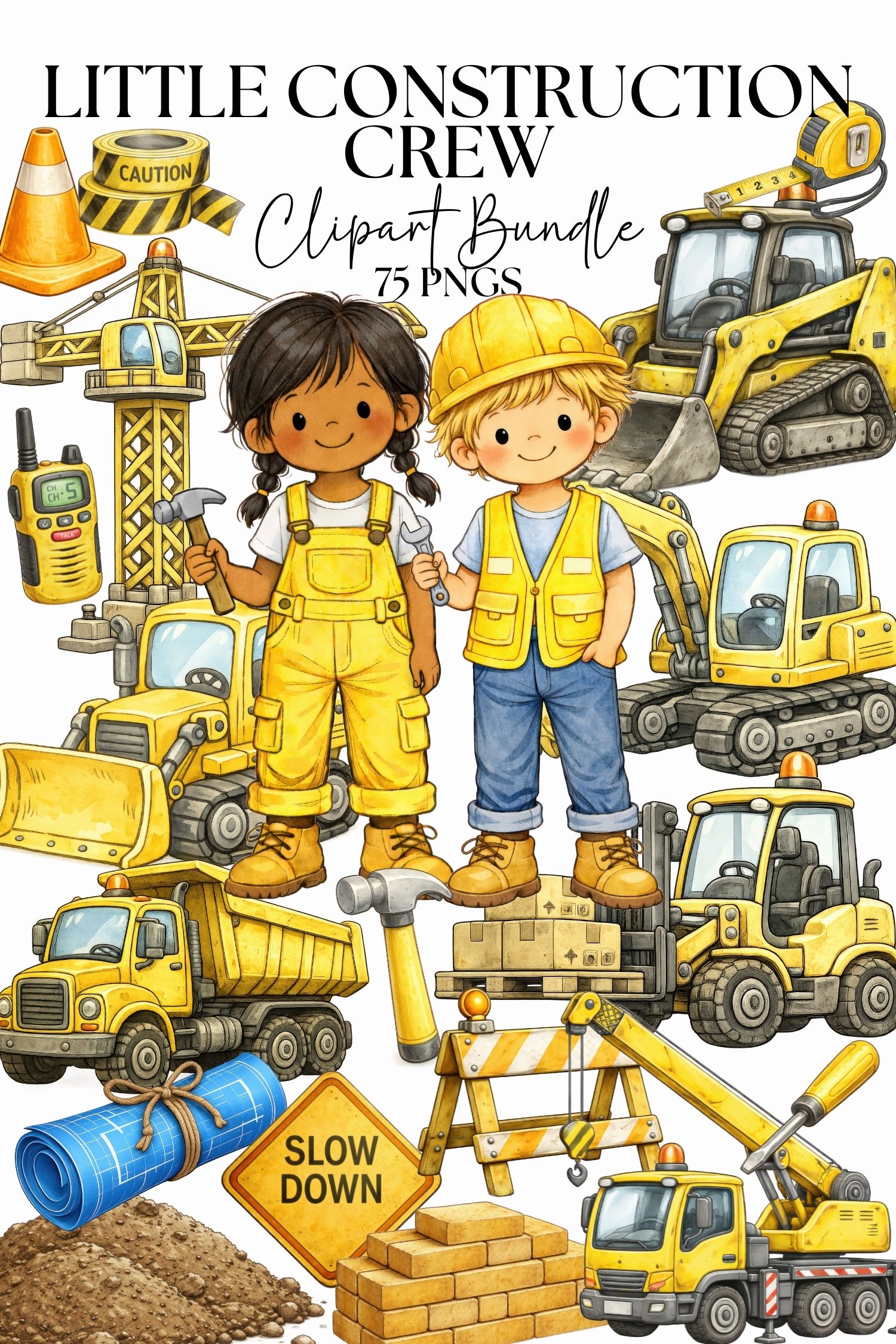 Little Construction Crew Clipart Bundle, Cute Kids Builder PNG, Excavator Dump Truck Crane, Hard Hat Tools, Naive Children Book Illustration