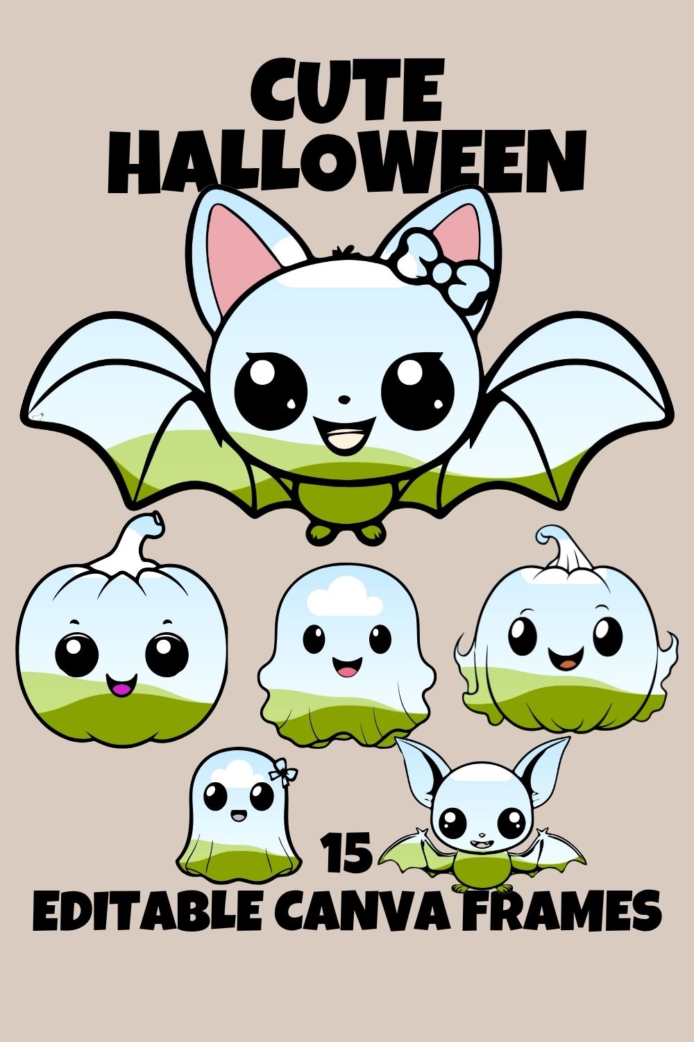 Cute Halloween Canva Frame Bundle, 15 Editable Ghosts, Bats, and Pumpkins