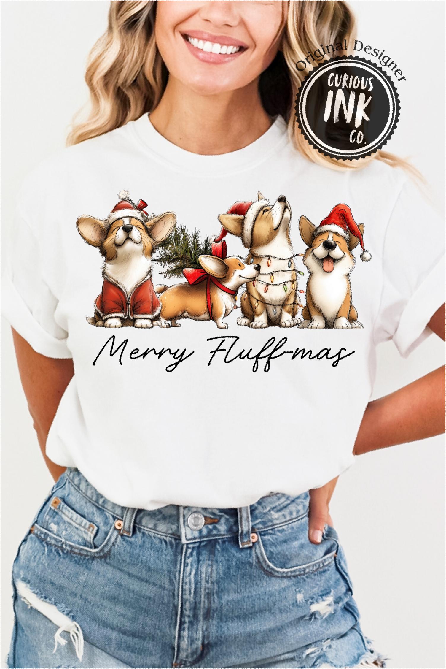 Merry Fluff-mas Corgi Christmas PNG, Cute Dog Christmas Shirt Design, Preppy Doodle Holiday Graphic, Cozy Winter Mom Shirt PNG