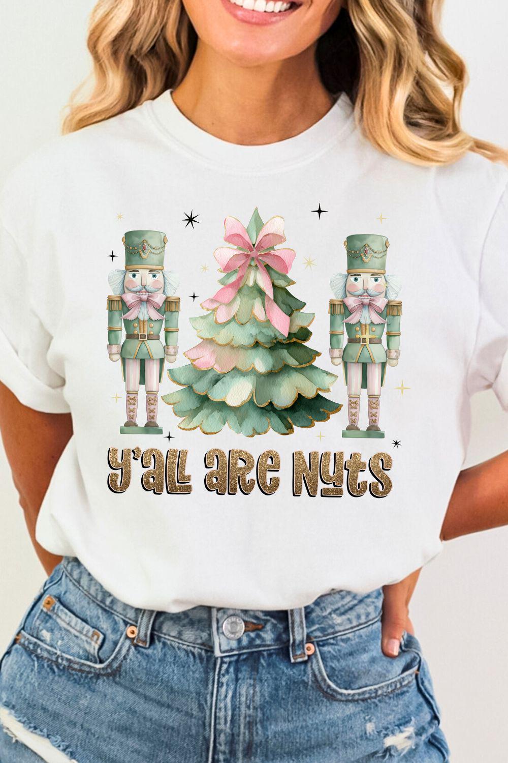 Y’all Are Nuts PNG | Pastel Nutcracker | Funny Southern Holiday Tree Sublimation Design | Watercolor XMas Tree | Coquette Bow Christmas Tree