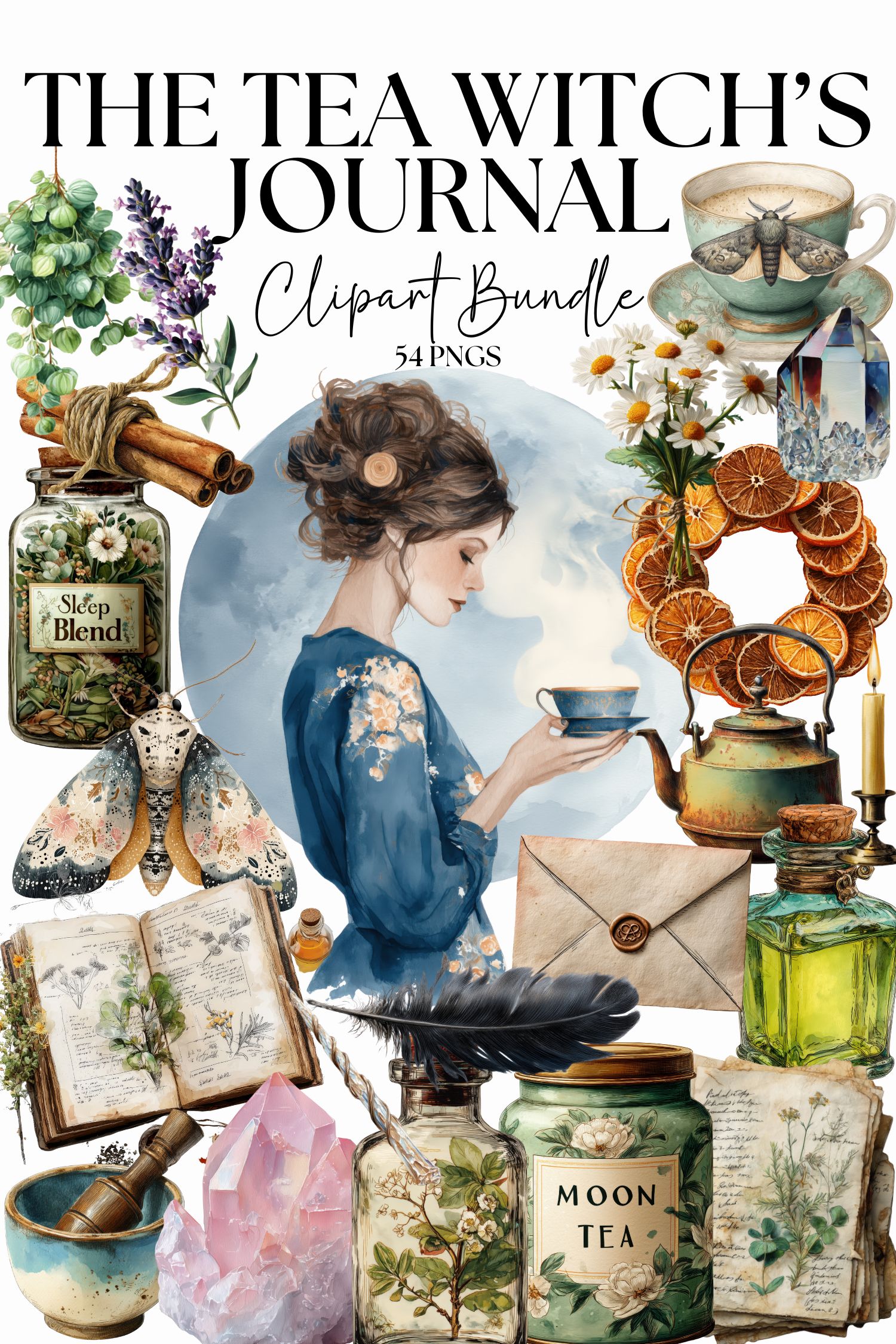 The Tea Witch’s Journal Clipart Bundle | Cottagecore Botanical PNGs | Witchy Tea Set Stickers & Ephemera | 54 PNG + 5 Fussy Cut pages
